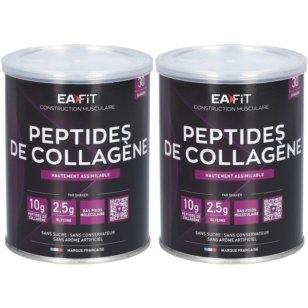 Zwei Dosen nebeneinander. Aufschrift: EA-FIT, Peptides de Collagène, 10g Kollagen, 2,5g Glycin. 30 Portionen. Französische Marke.
