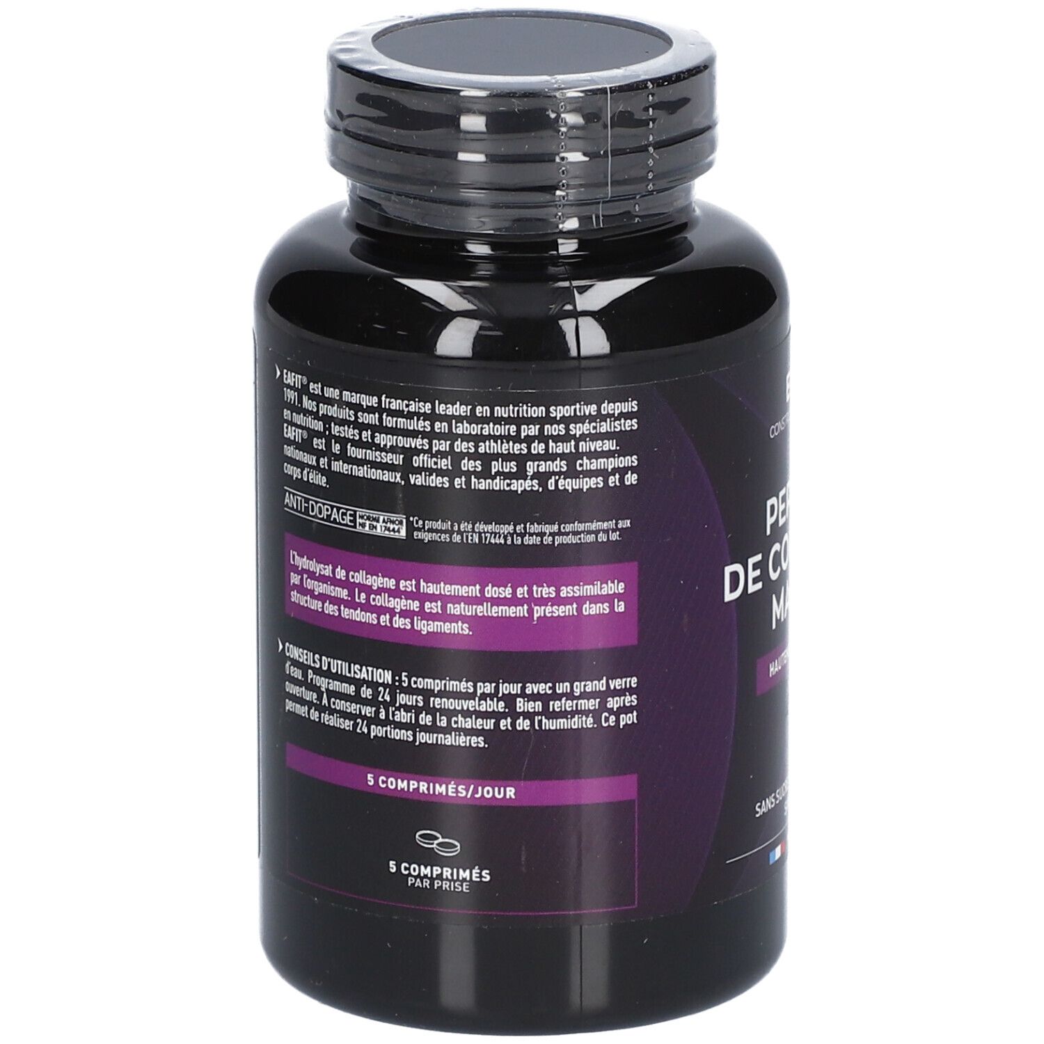Dos du flacon noir. Texte: Peptides de Collagène Marin. Contient des informations sur les ingrédients et l'utilisation.
