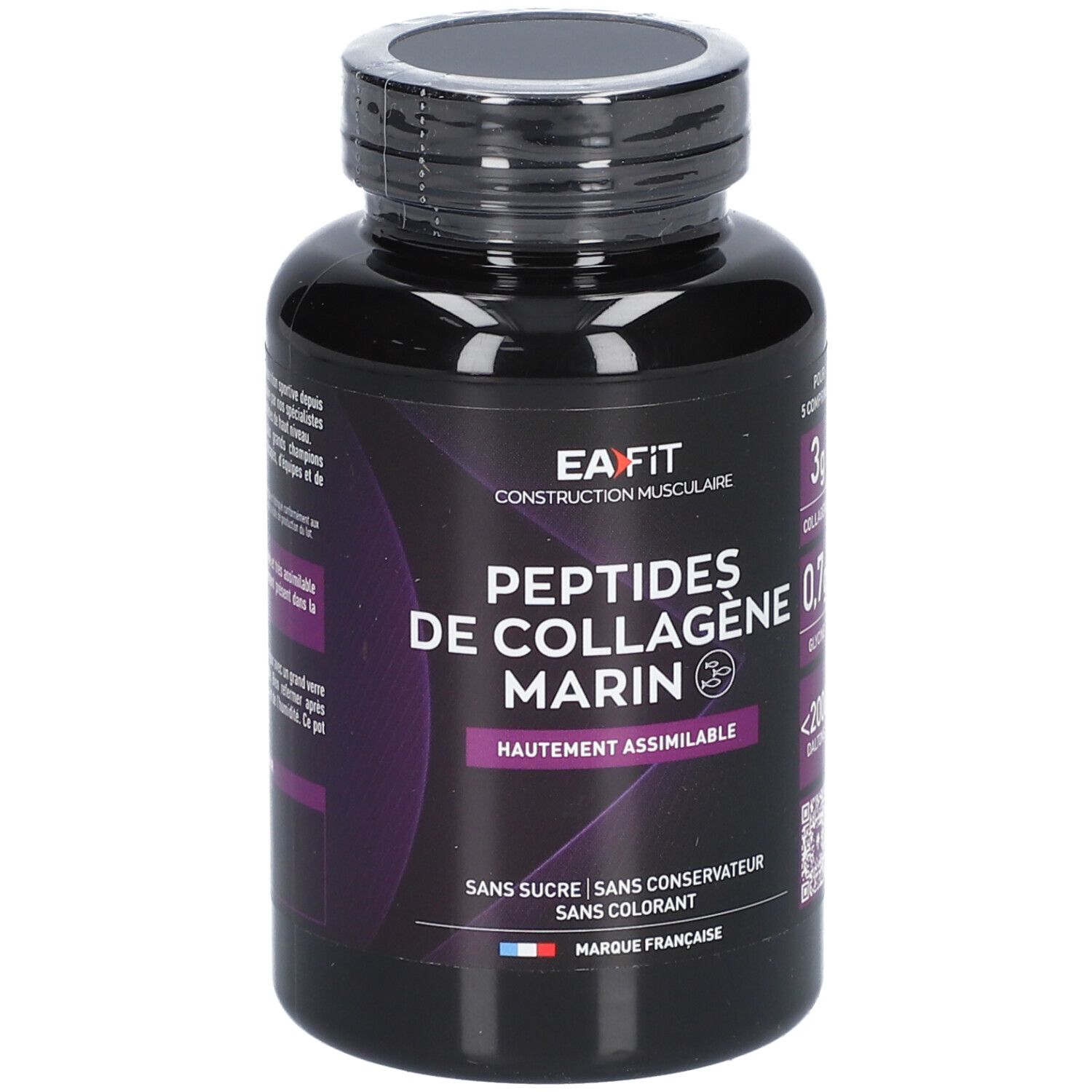 Flacon noir EA-FIT. Inscription: Peptides de Collagène Marin. Contient 3g de collagène et 0,7g de glycine.