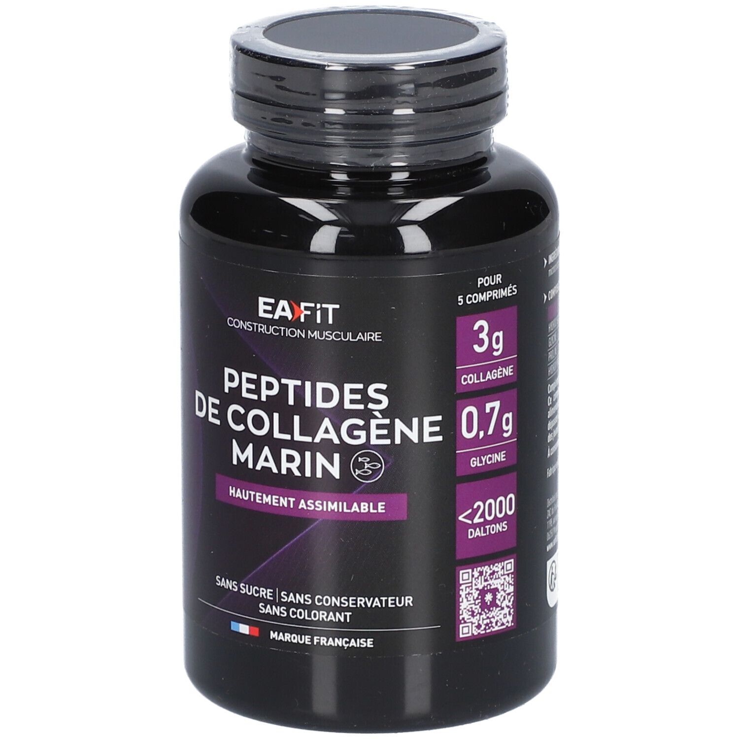 Flacon noir EA-FIT. Inscription: Peptides de Collagène Marin. Contient 3g de collagène et 0,7g de glycine.