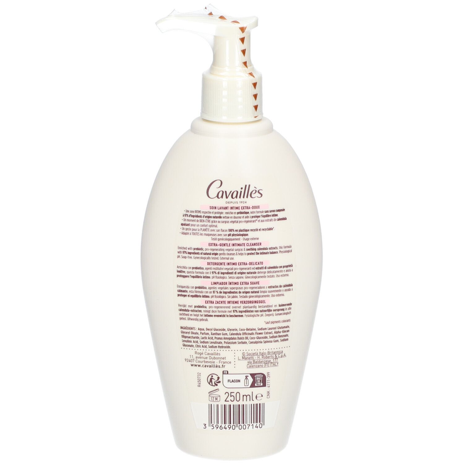Dos du flacon blanc avec pompe. Texte multilingue. 250ml. Code-barres.