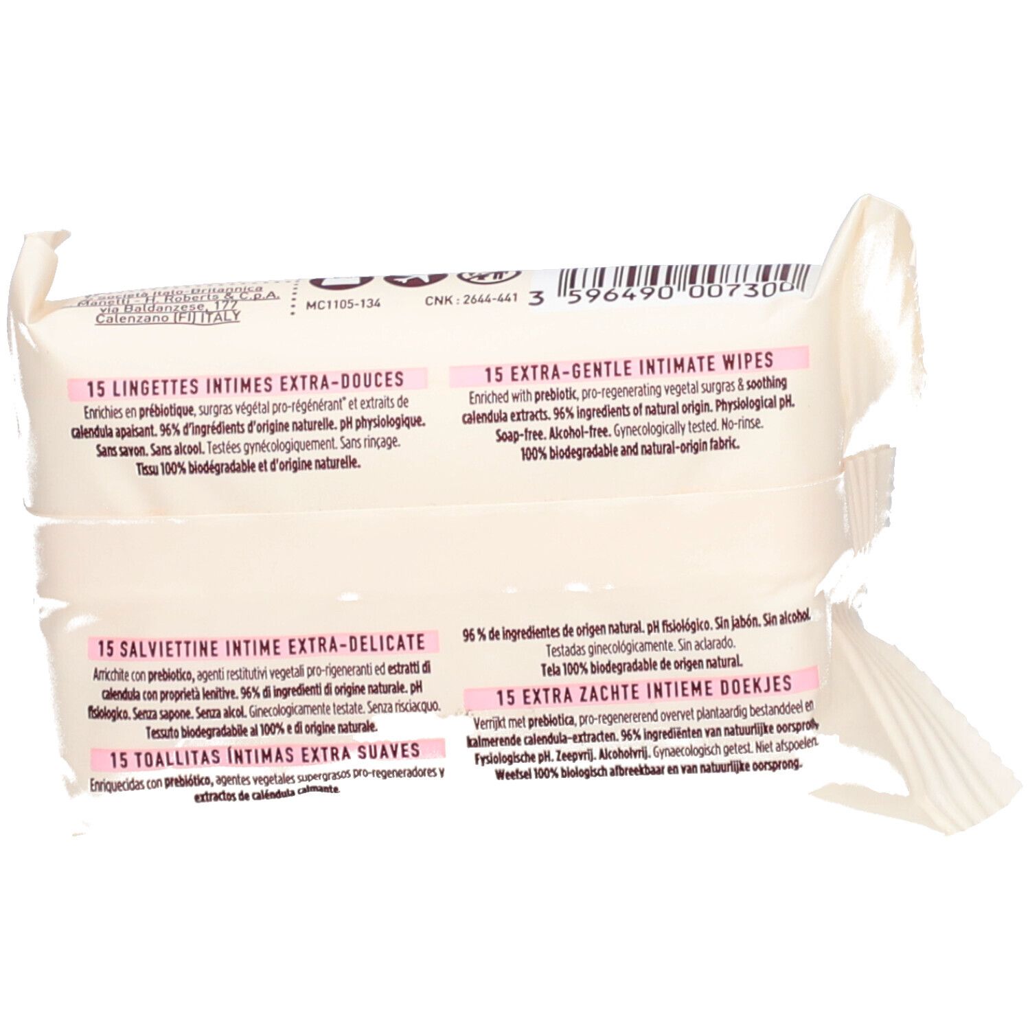 Dos du paquet avec texte multilingue. 15 lingettes, ingrédients, pH.