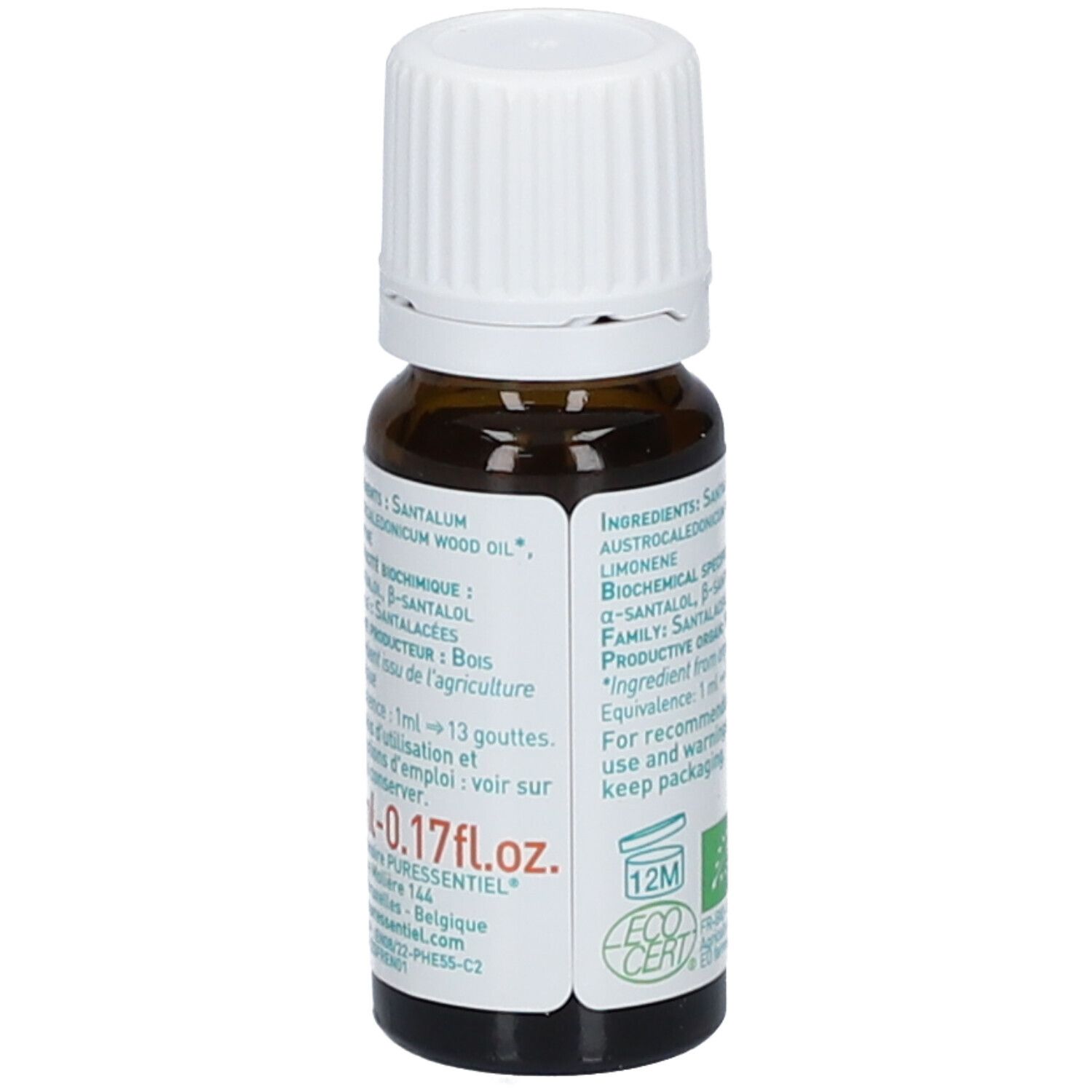 Braune Glasflasche mit weißem Deckel. Etikett mit Inhaltsstoffen, Volumen 5ml und Zertifizierung "ECO CERT".