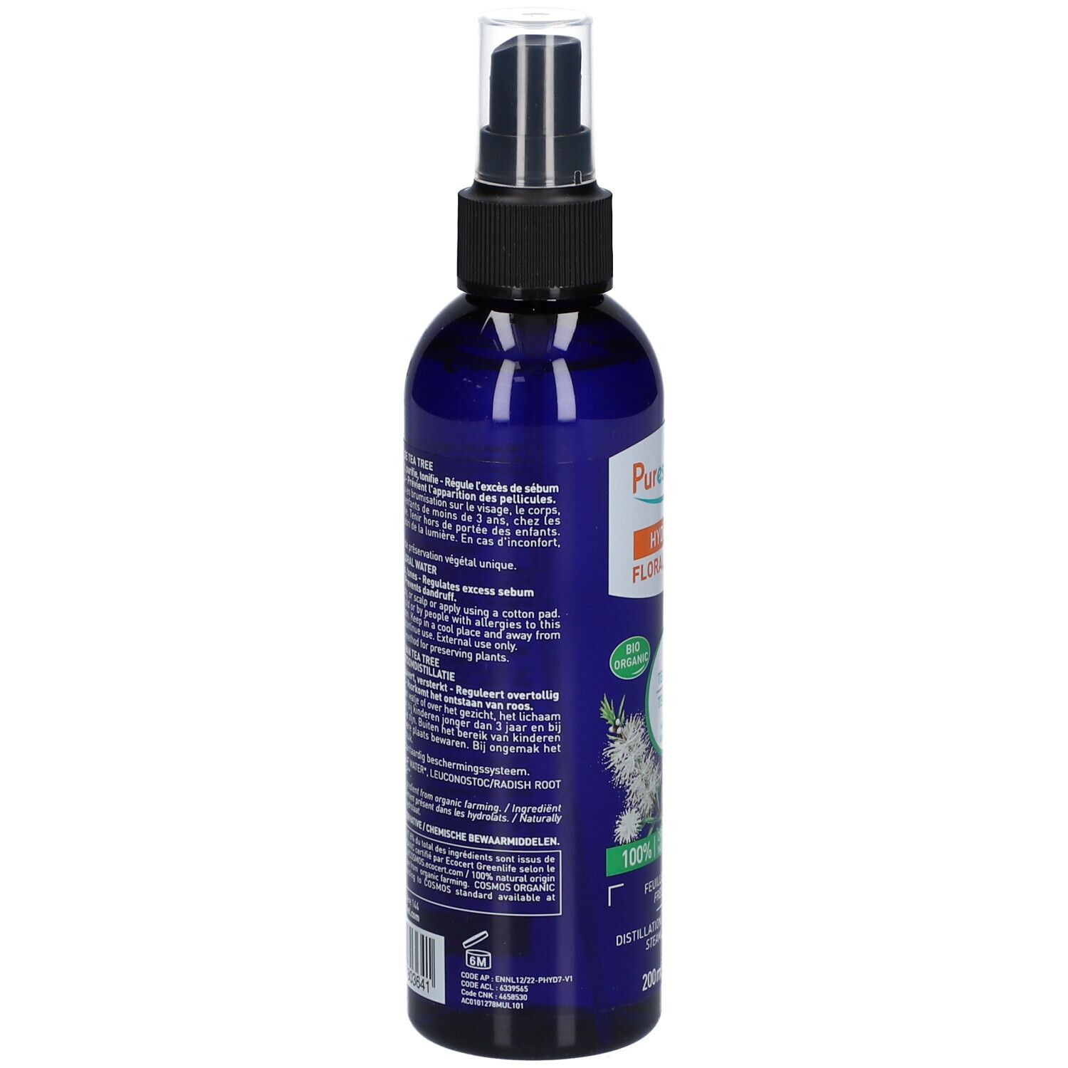 Dos du flacon pulvérisateur bleu. Texte multilingue. Certification BIO. 200ml.