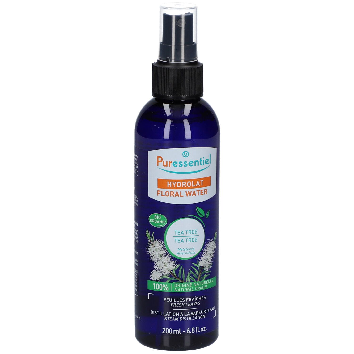Flacon pulvérisateur bleu avec tête noire. Inscription: Puressentiel, Hydrolat Floral Water, Tea Tree, BIO.