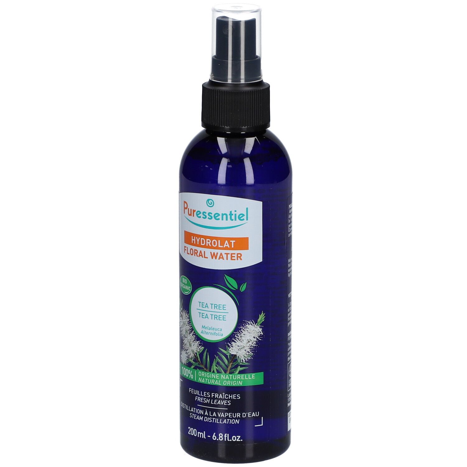 Flacon pulvérisateur bleu avec tête noire. Inscription: Puressentiel, Hydrolat Floral Water, Tea Tree, BIO.