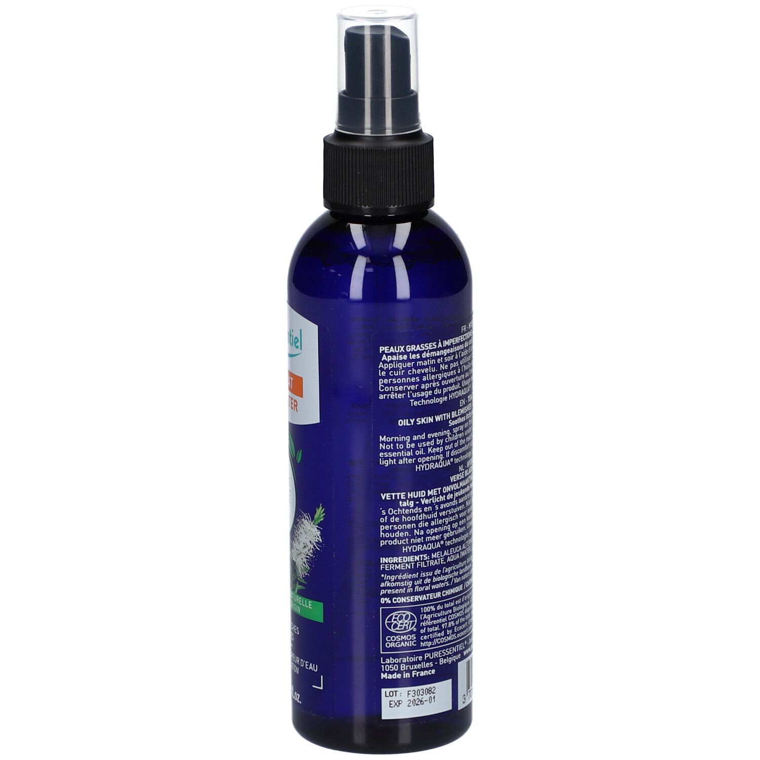 Dos du flacon pulvérisateur bleu. Texte multilingue. Certification BIO. 200ml.