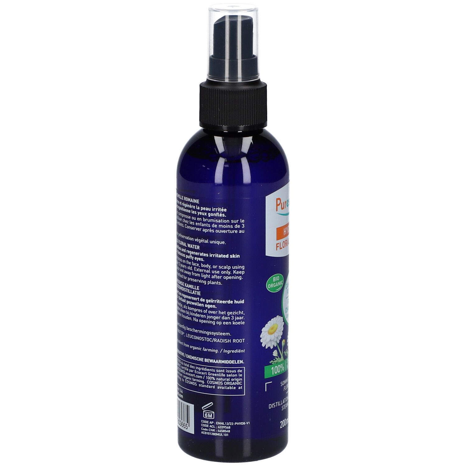 Rückseite der blauen Flasche. Text mit Produktinformationen. BIO-Zertifizierung und Inhaltsstoffe.