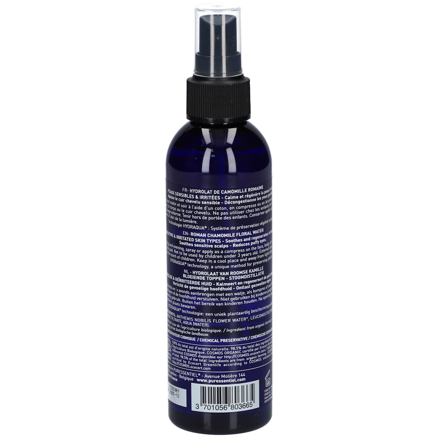 Rückseite der blauen Flasche. Text mit Produktinformationen und Anwendungshinweisen. Barcode.
