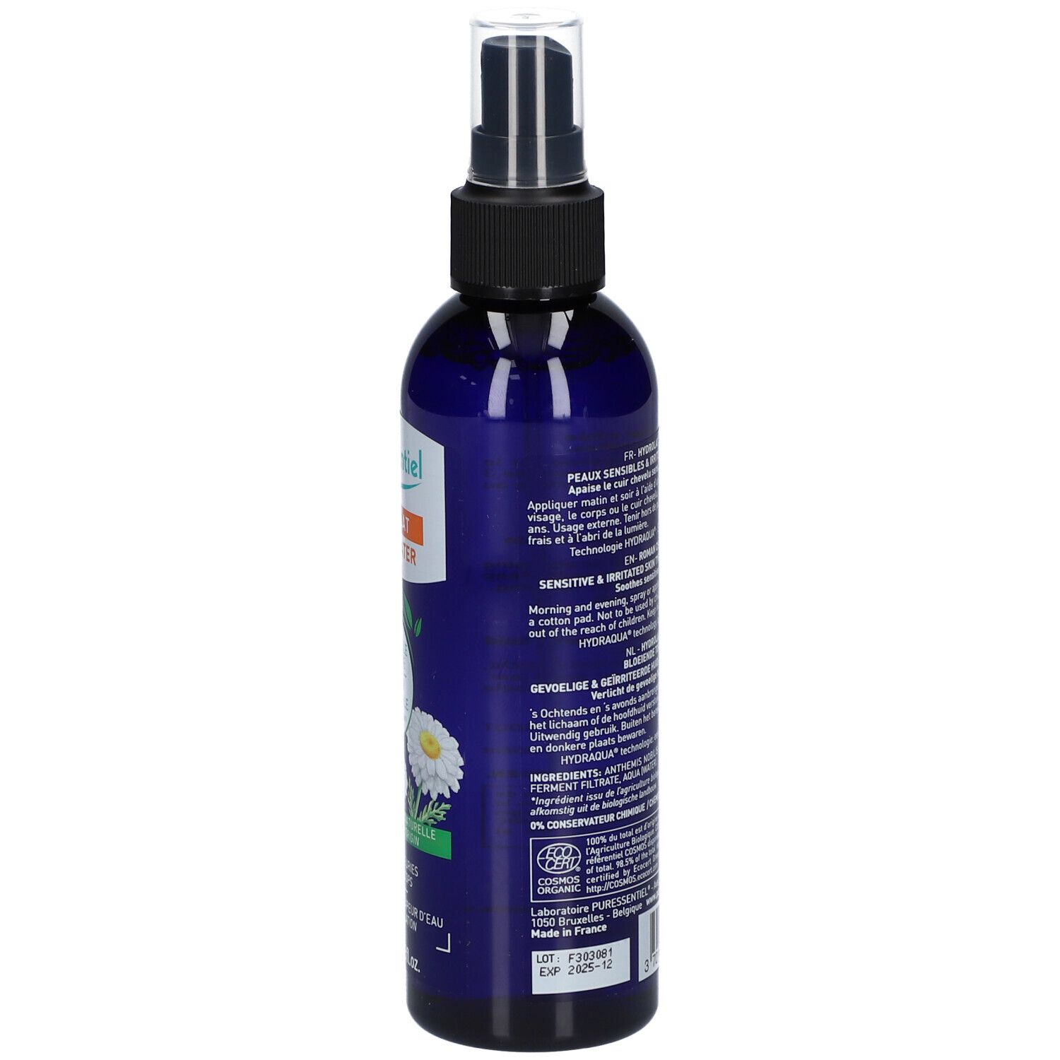 Rückseite der blauen Flasche. Text mit Produktinformationen und Anwendungshinweisen. BIO-Zertifizierung.