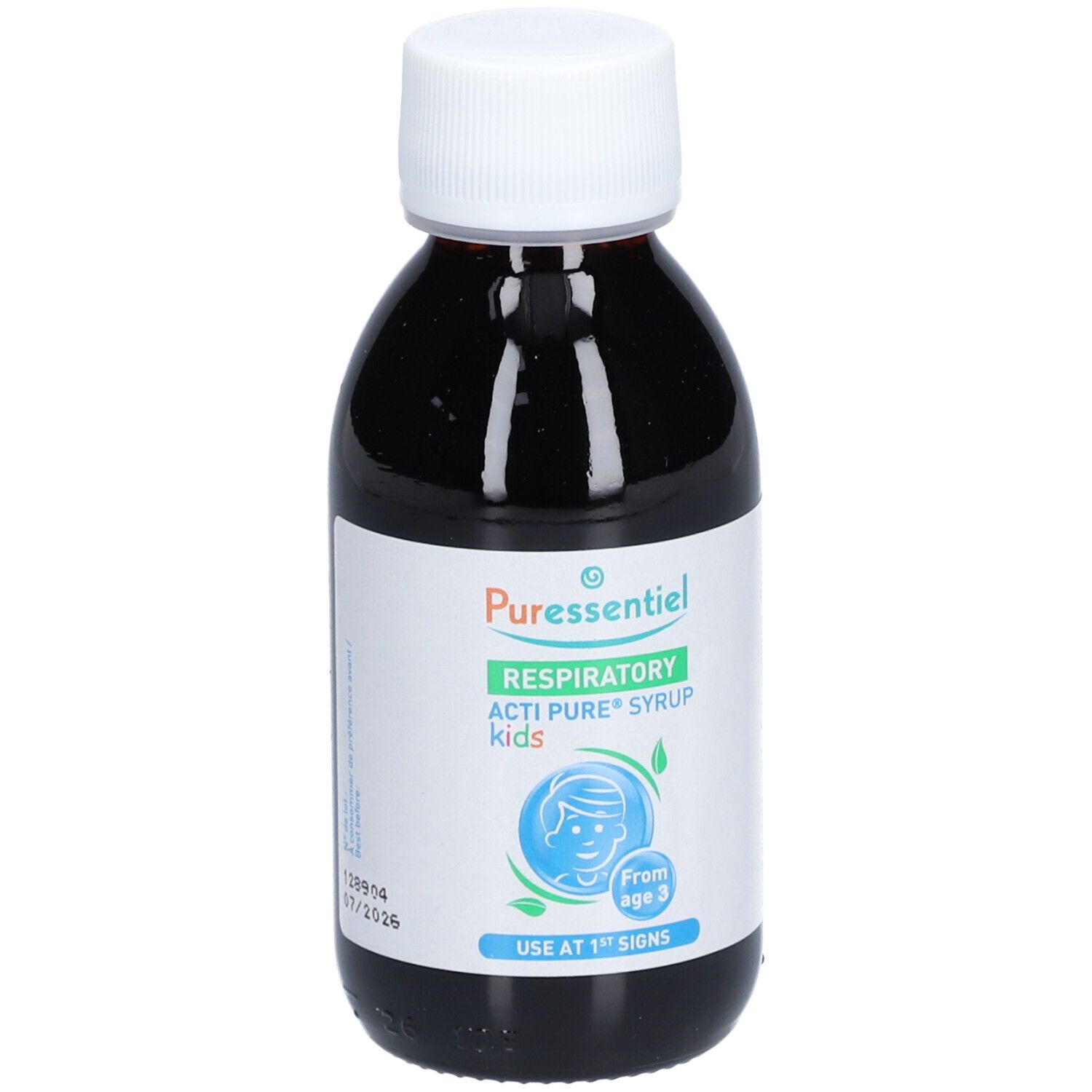 Flacon marron avec bouchon blanc. Étiquette : Puresentiel, Respiratoire, Acti Pure Sirup kids. Dès 3 ans. Premiers signes.