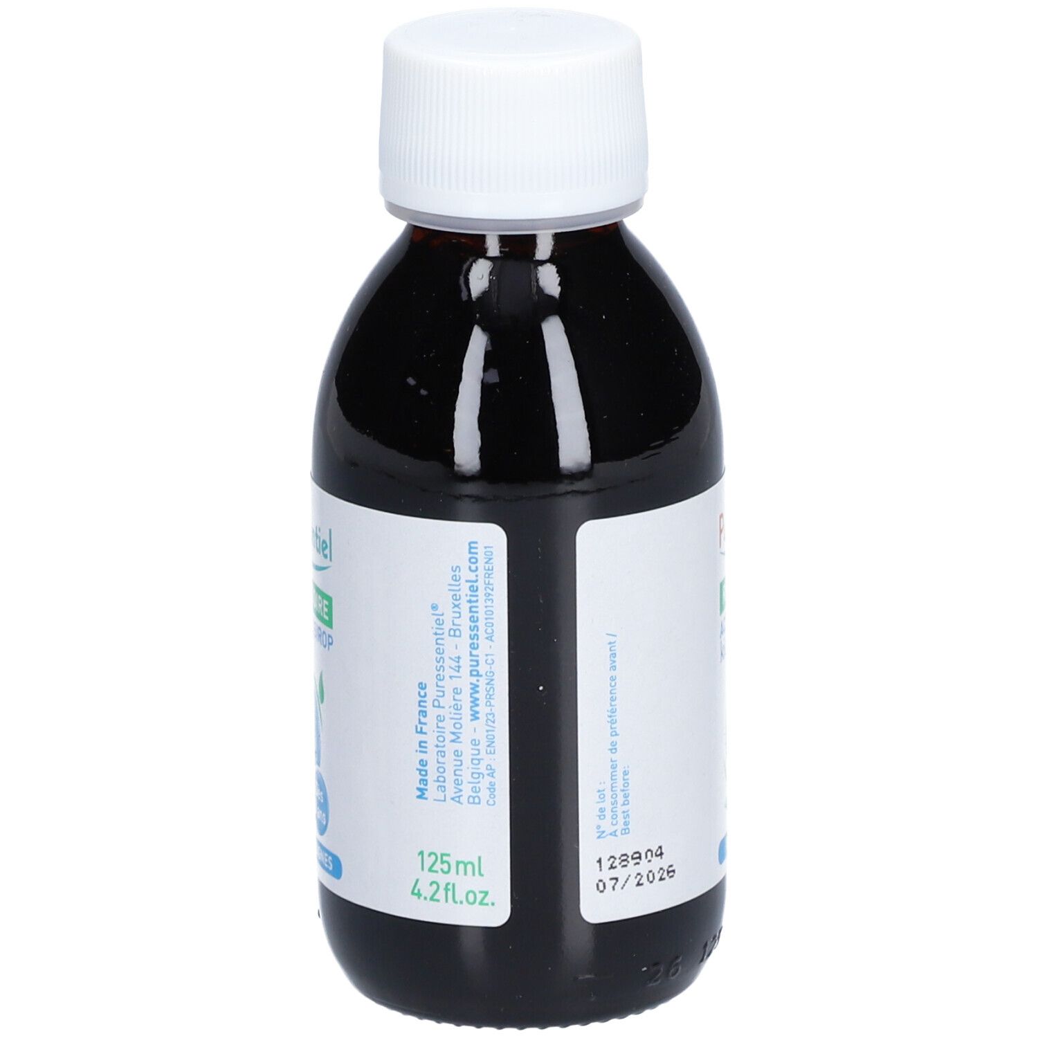 Flacon marron avec bouchon blanc. Étiquette : Puresentiel, 125ml, 4.2 fl.oz. Fabriqué en France. Date de péremption.