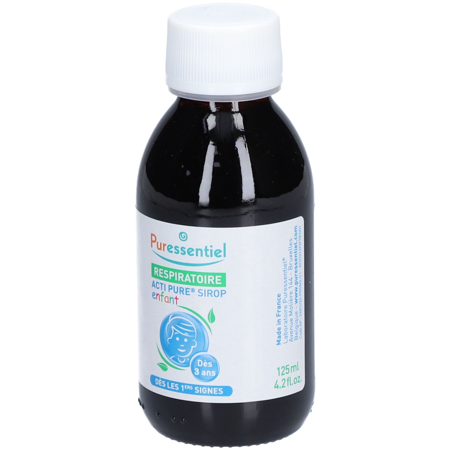 Flacon marron avec bouchon blanc. Étiquette : Puresentiel, Respiratoire, Acti Pure Sirup enfant. Dès 3 ans.