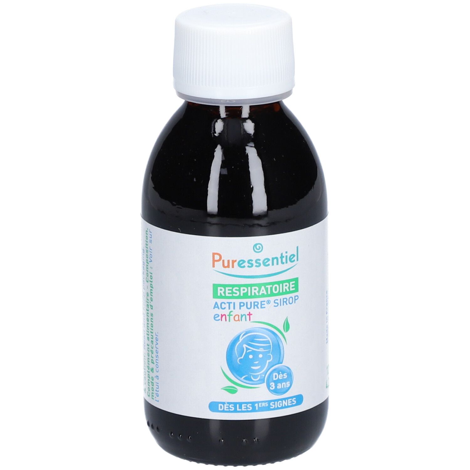 Flacon marron avec bouchon blanc. Étiquette : Puresentiel, Respiratoire, Acti Pure Sirup enfant. Dès 3 ans.