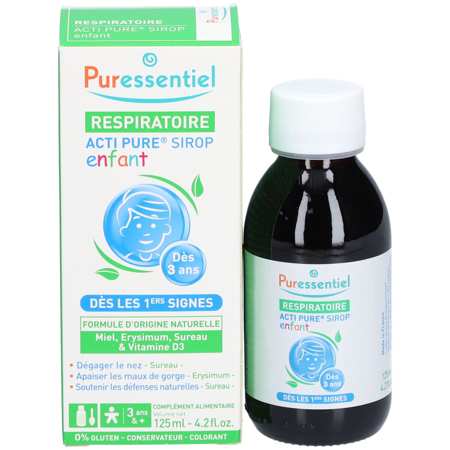 Emballage produit avec flacon. Puresentiel, Respiratoire, Acti Pure Sirup enfant. Dès 3 ans. 125ml.