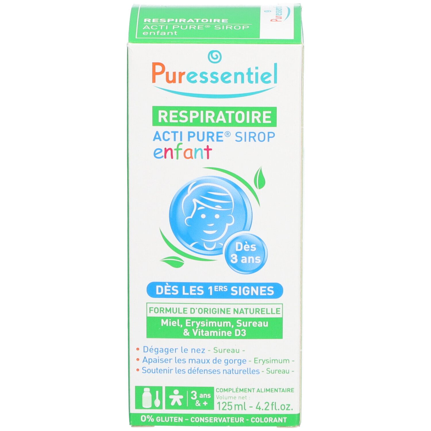 Emballage produit. Puresentiel, Respiratoire, Acti Pure Sirup enfant. Dès 3 ans. 125ml. 0% Gluten.