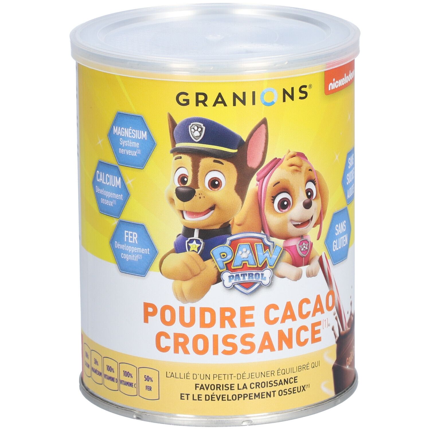 Zylinderdose mit Paw Patrol-Motiv und Text: Poudre Cacao Croissance. Enthält Magnesium, Calcium, Eisen. Ohne Zuckerzusatz, glutenfrei.