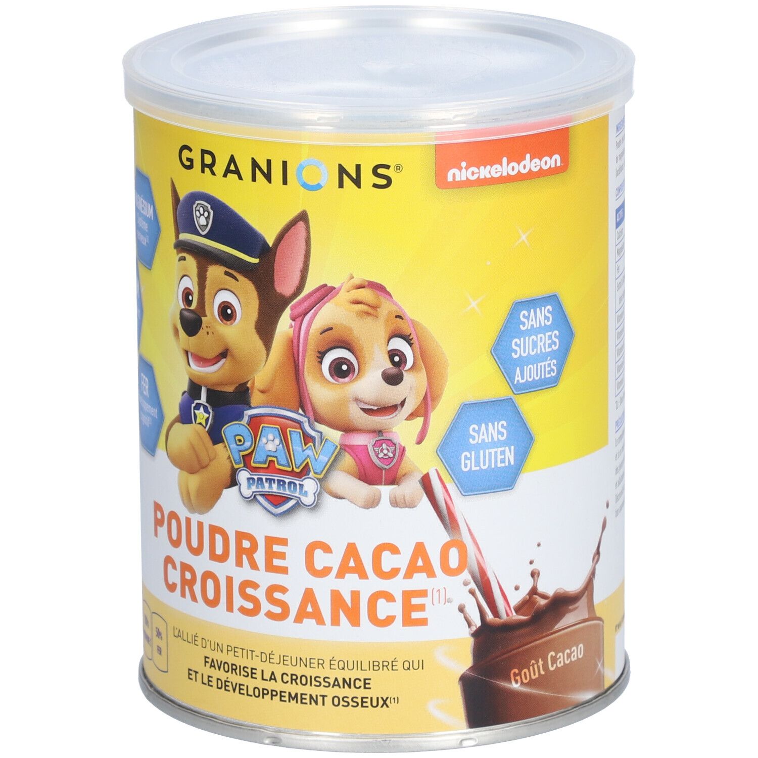 Zylinderdose mit Paw Patrol-Motiv und Text: Poudre Cacao Croissance. Enthält Magnesium, Calcium, Eisen. Ohne Zuckerzusatz, glutenfrei.