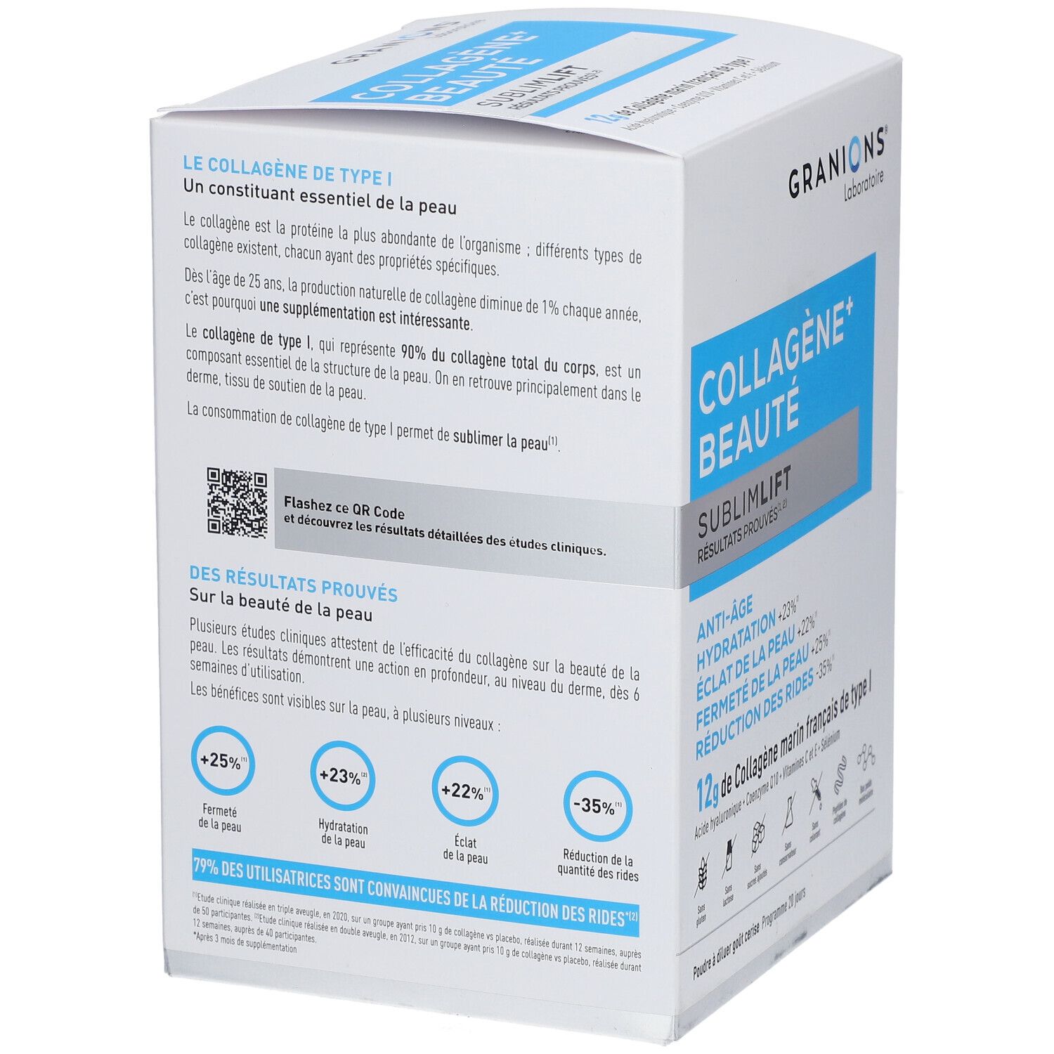 Weiße Schachtel GRANIONS Kollagen+ Beauté Sublimlift. Rückseite mit Text und QR-Code. Enthält 12g maritimes Kollagen Typ I.