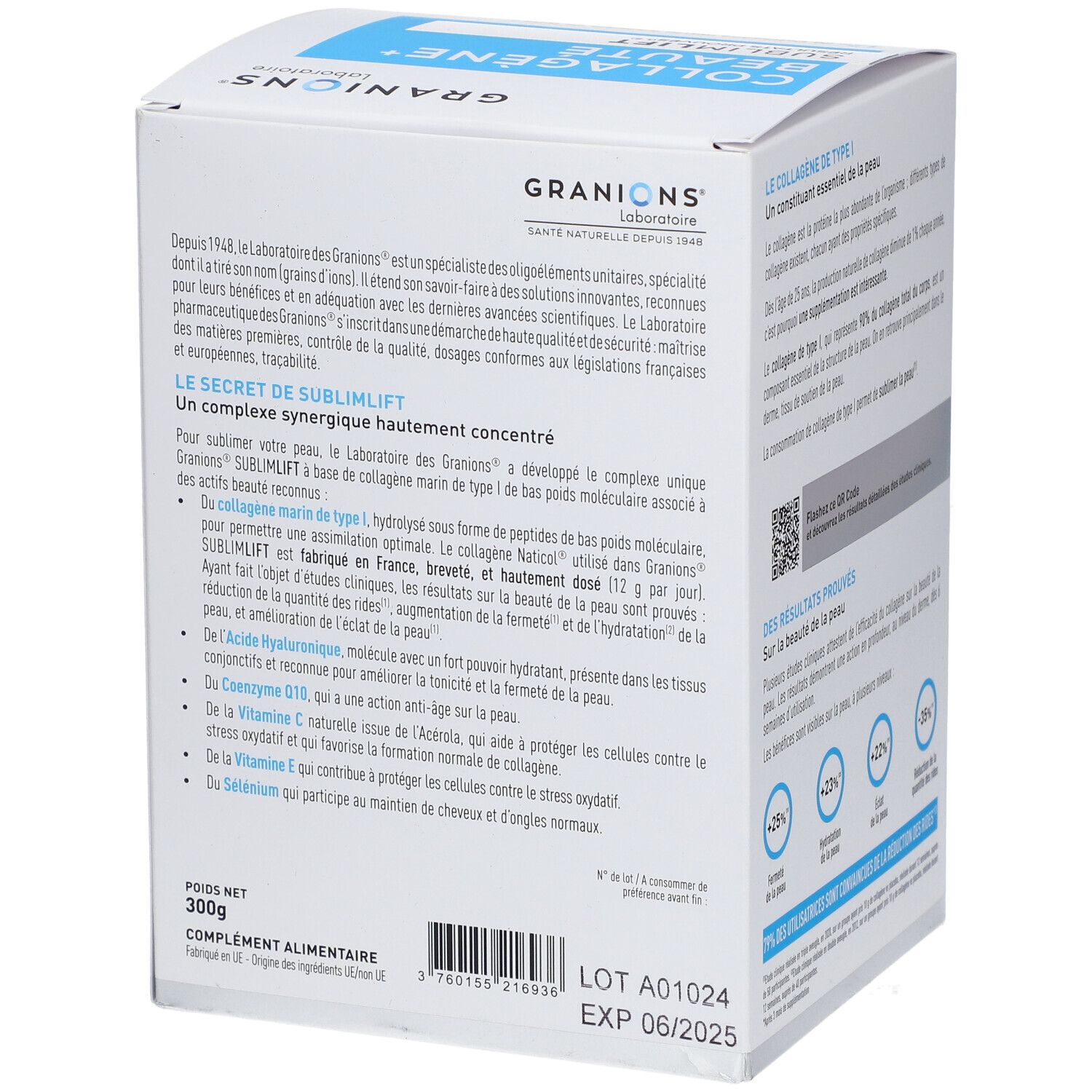 Weiße Schachtel GRANIONS Kollagen+ Beauté Sublimlift. Enthält 300g. Text in Französisch. Inhaltsstoffe und Anwendungshinweise.