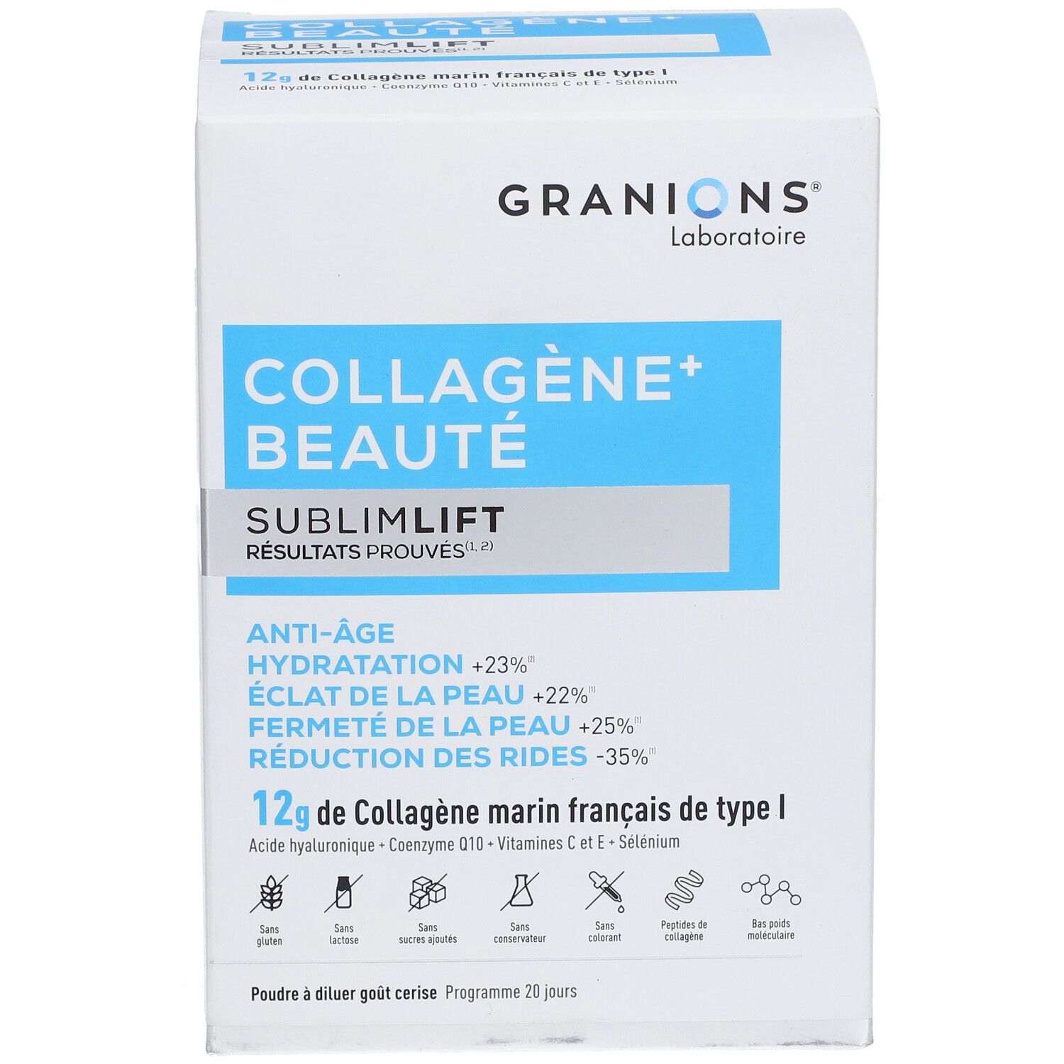 Weiße Schachtel GRANIONS Kollagen+ Beauté Sublimlift. Enthält 12g maritimes Kollagen Typ I. Anti-Age-Formel.
