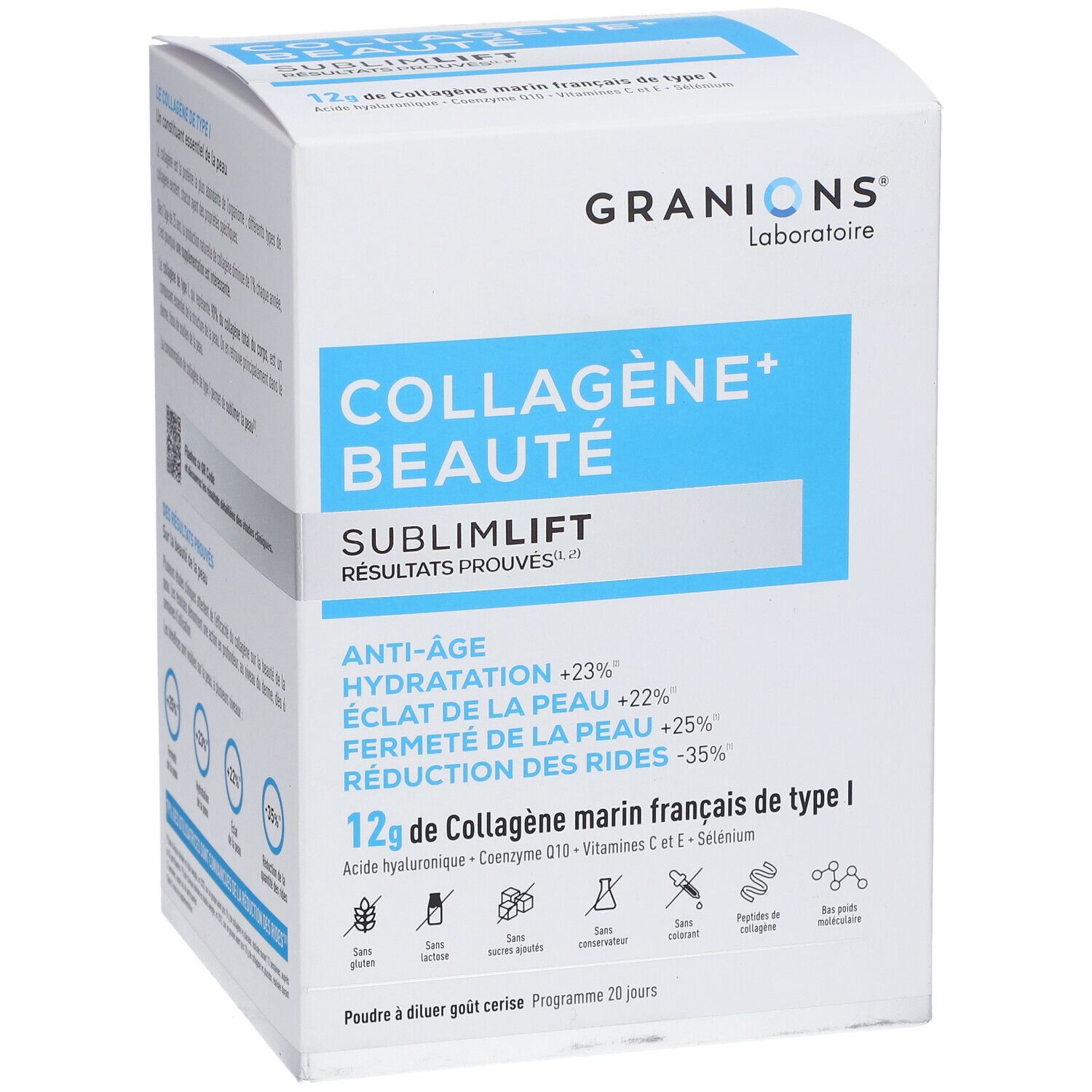 Weiße Schachtel GRANIONS Kollagen+ Beauté Sublimlift. Enthält 12g maritimes Kollagen Typ I. Anti-Age-Formel.