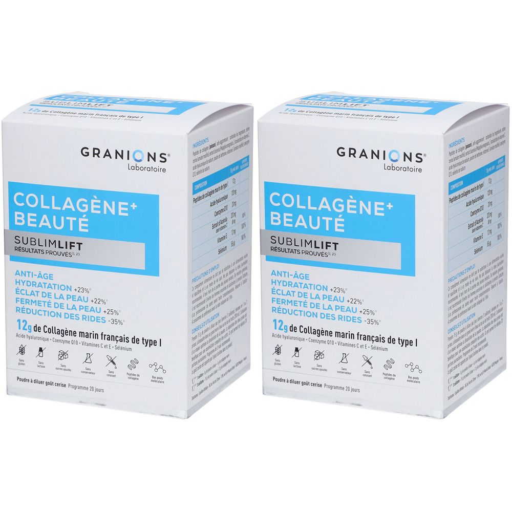 Zwei weiße Schachteln GRANIONS Kollagen+ Beauté Sublimlift. Enthält 12g maritimes Kollagen Typ I. Anti-Age-Formel.