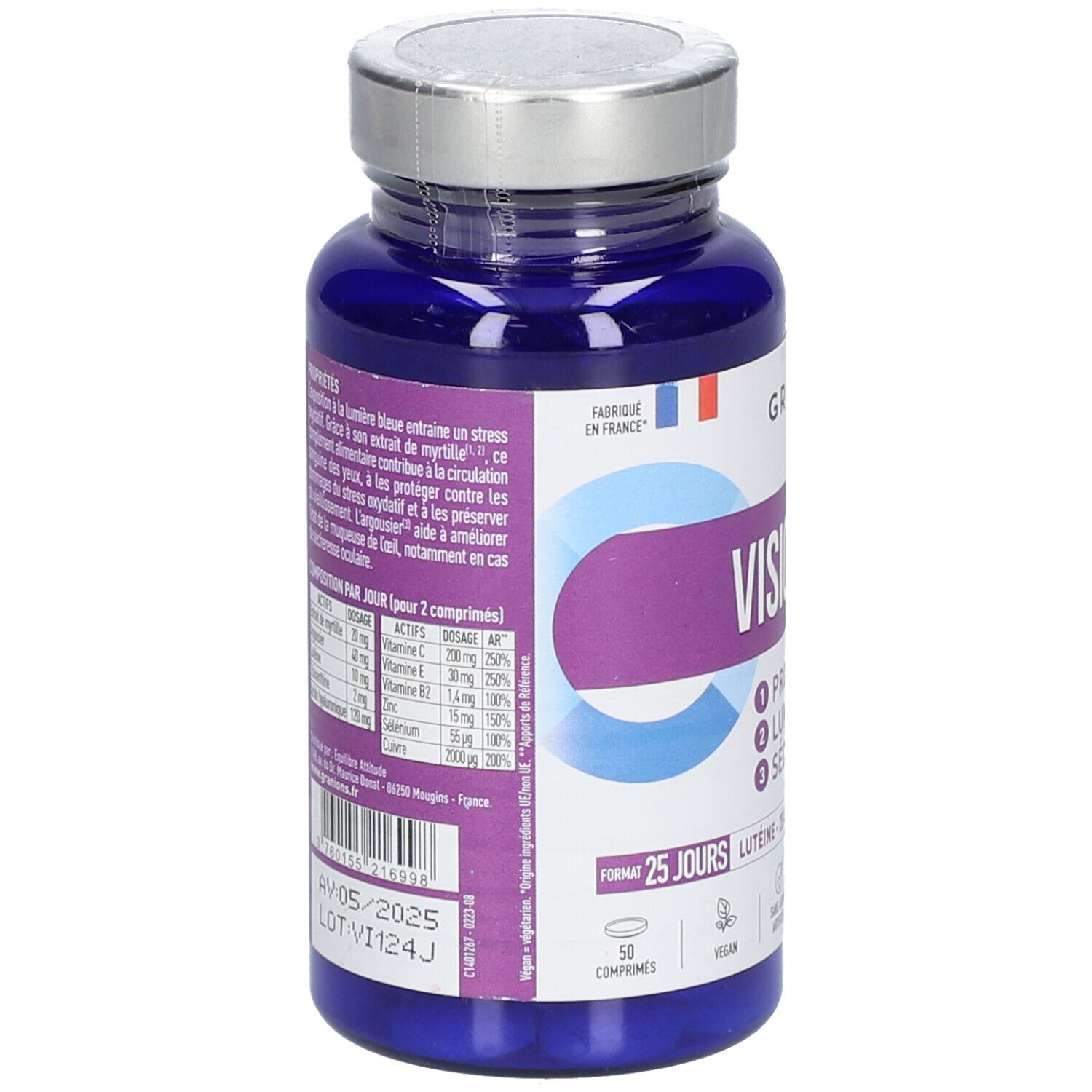 Dos du flacon bleu GRANIONS Vision. Ingrédients et conseils d'utilisation. Fabriqué en France. 50 comprimés.