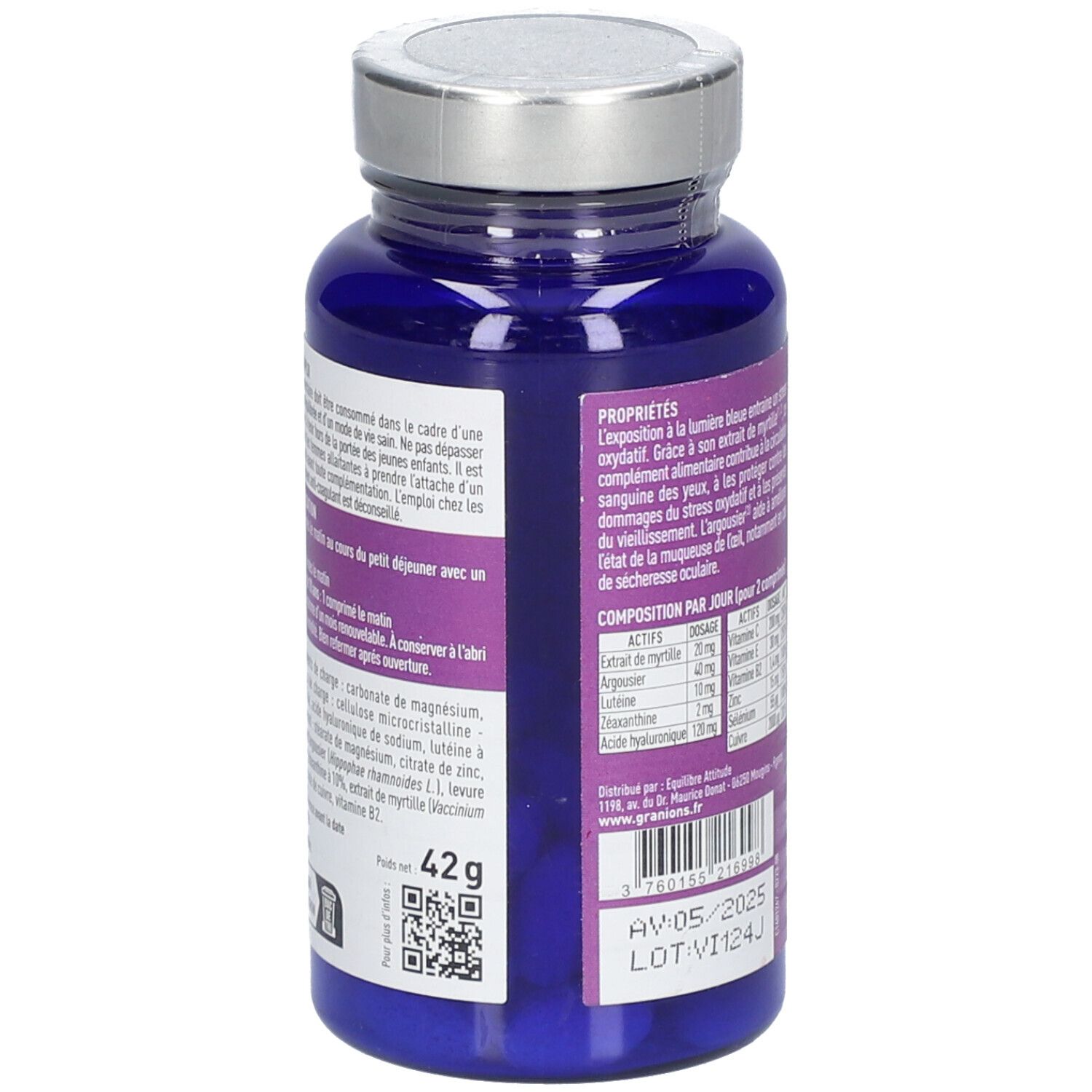 Flacon bleu GRANIONS Vision. Ingrédients et conseils d'utilisation. Poids net 42g. Code QR.