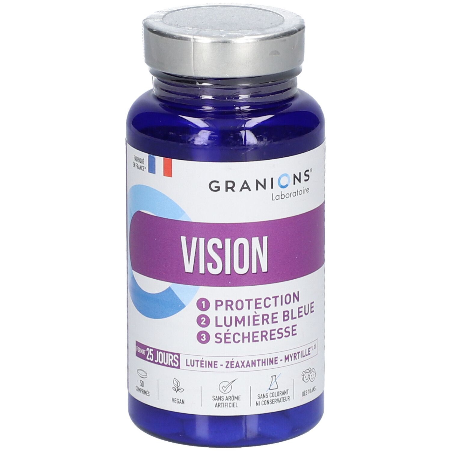Flacon bleu de GRANIONS Vision. Inscriptions : Protection, lumière bleue, sécheresse. Contient lutéine, myrtille. Vegan.