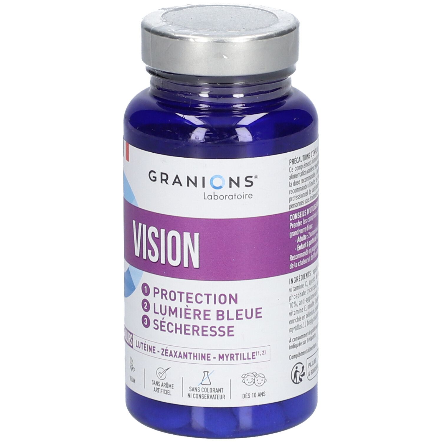 Flacon bleu GRANIONS Vision. Inscriptions : Protection, lumière bleue, sécheresse. Contient lutéine, myrtille. Vegan. Dès 10 ans.