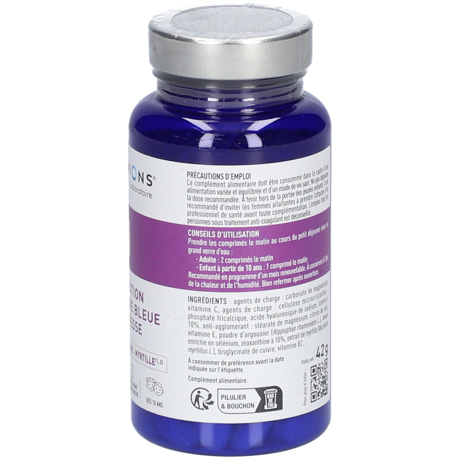 Flacon bleu GRANIONS Vision. Ingrédients et conseils d'utilisation. Poids net 42g. Vegan.