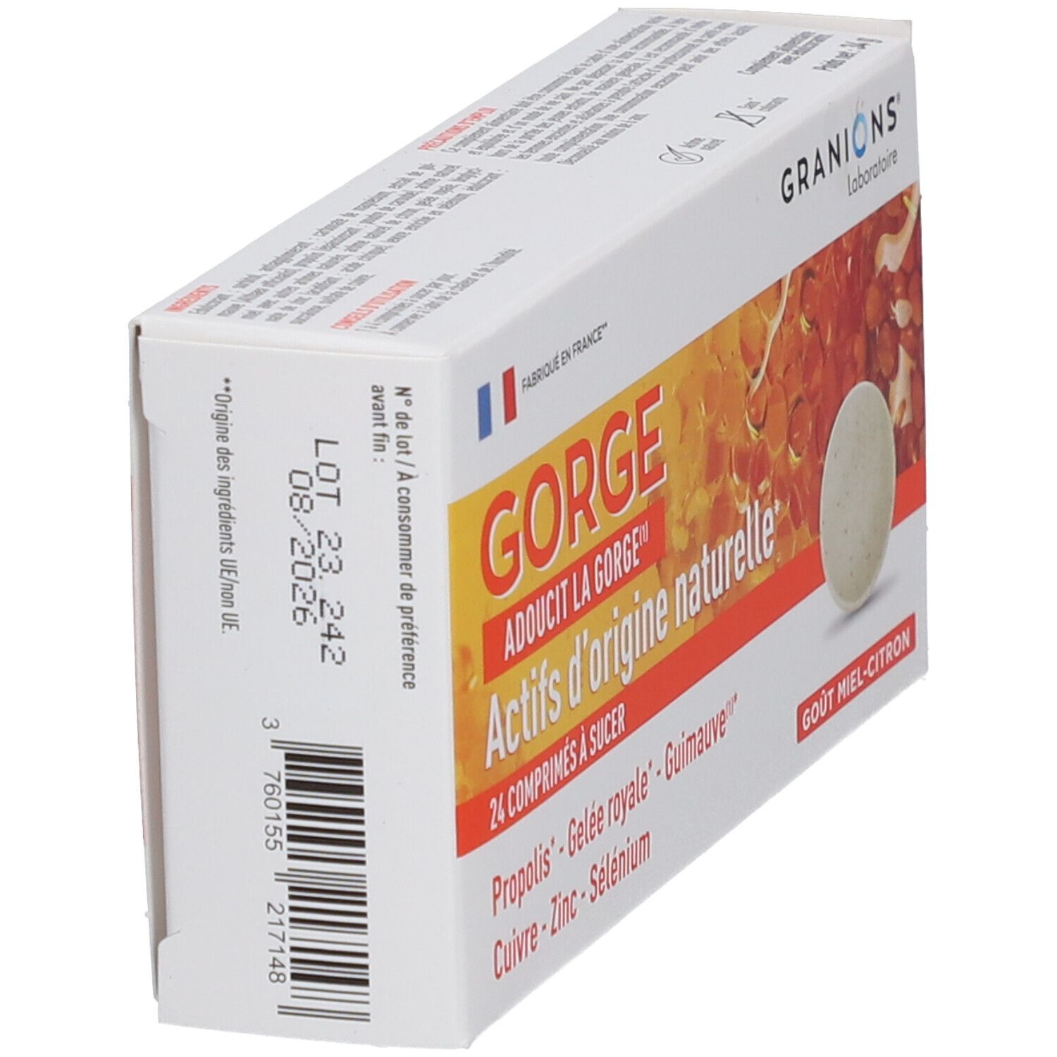 Boîte GRANIONS® GORGE en biais. Inscription: GORGE, 24 comprimés à sucer, Actifs d'origine naturelle. Date de péremption 08/2026. Code-barres.