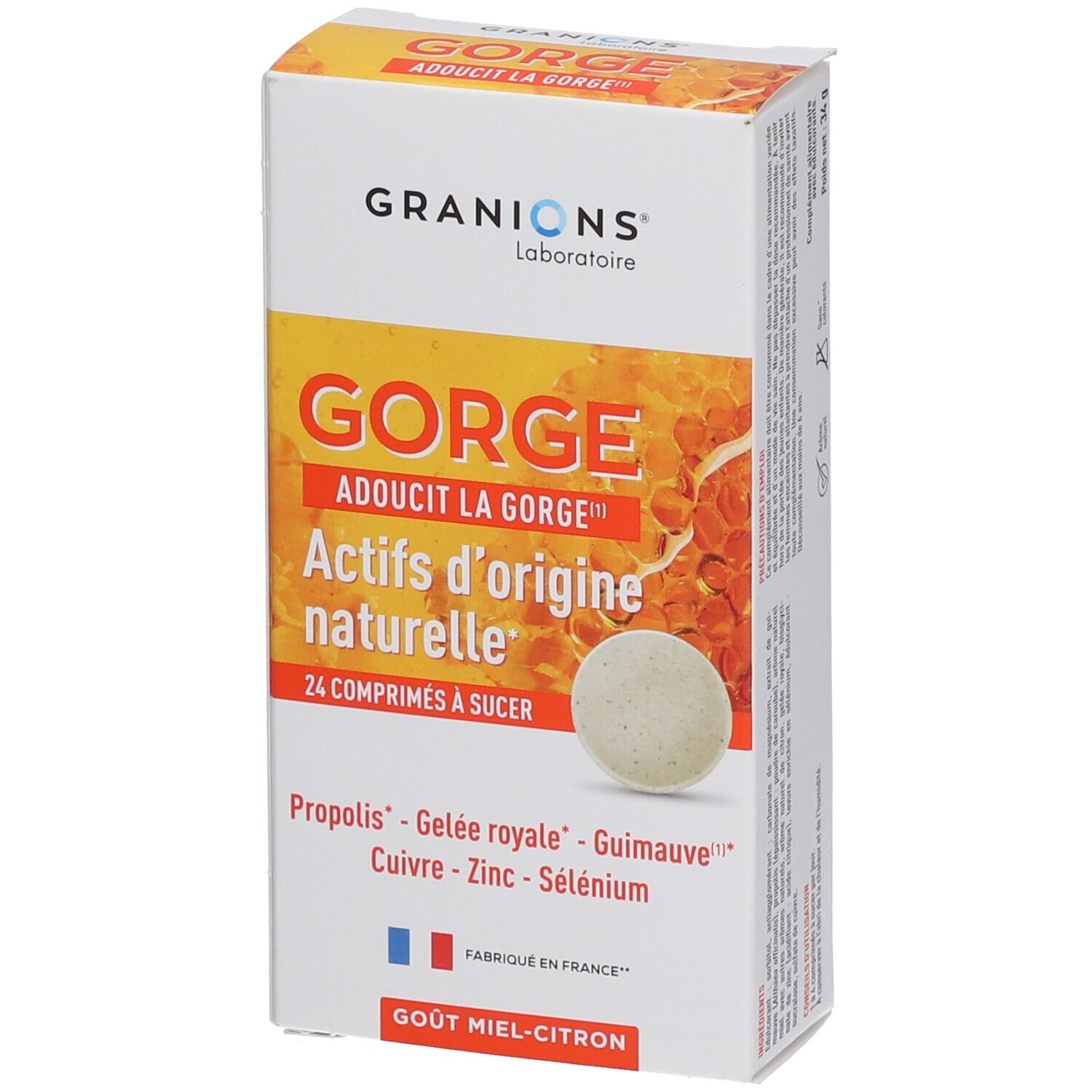 Boîte blanche GRANIONS® GORGE. Inscription: GORGE, 24 comprimés à sucer, Actifs d'origine naturelle. Goût miel-citron. Drapeau français.