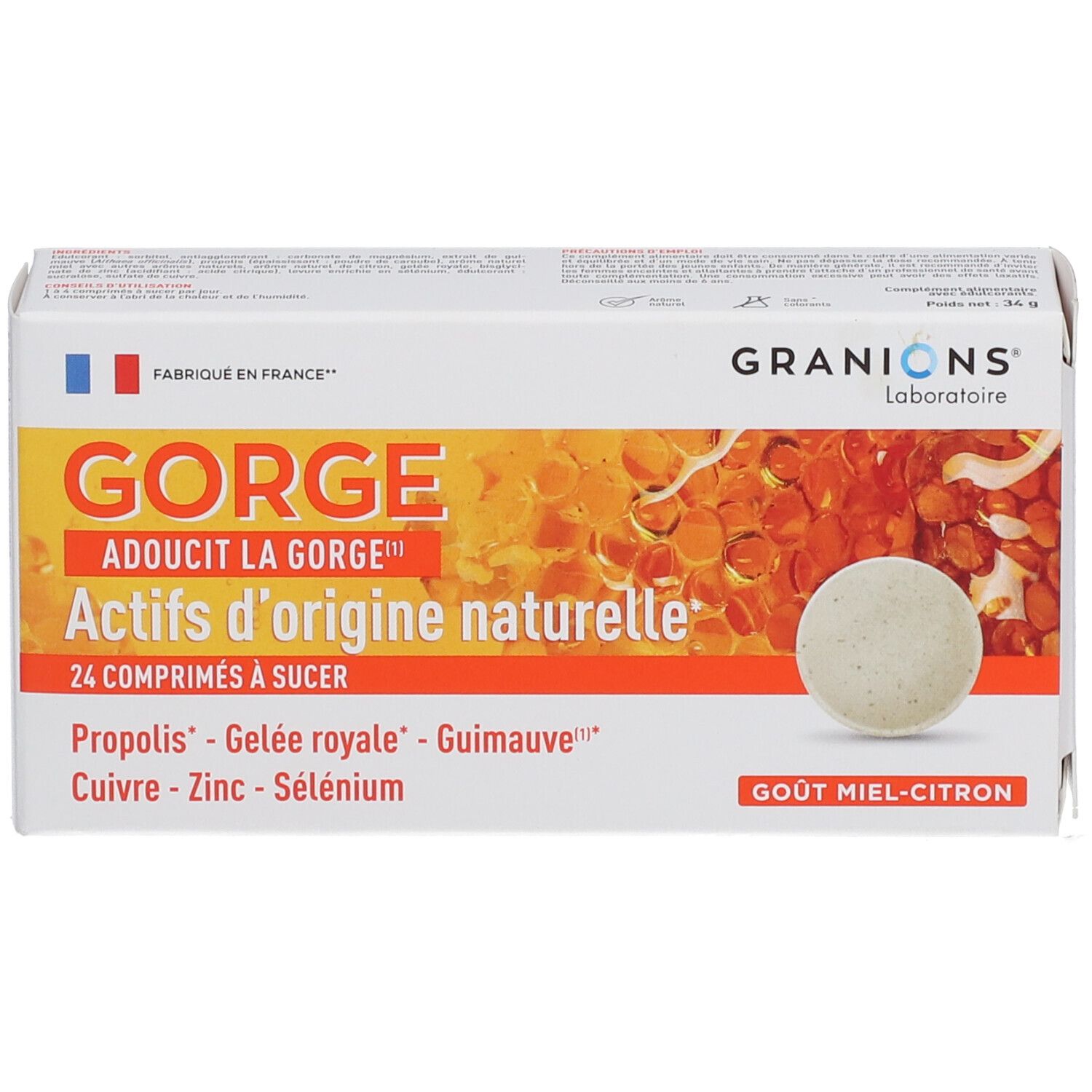 Boîte blanche GRANIONS® GORGE. Inscription: GORGE, 24 comprimés à sucer, Actifs d'origine naturelle. Goût miel-citron. Drapeau français.