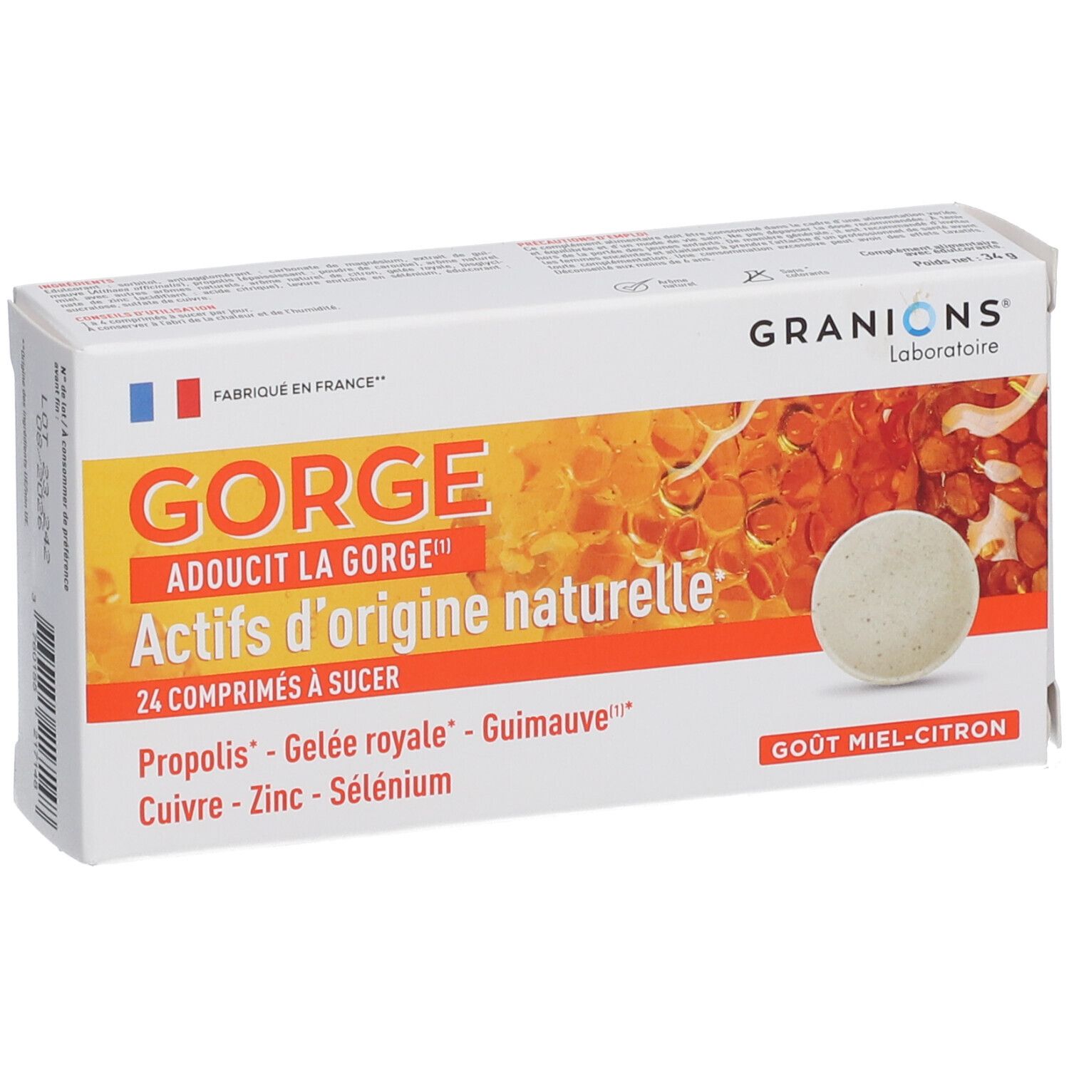 Boîte blanche GRANIONS® GORGE. Inscription: GORGE, 24 comprimés à sucer, Actifs d'origine naturelle. Goût miel-citron. Drapeau français.