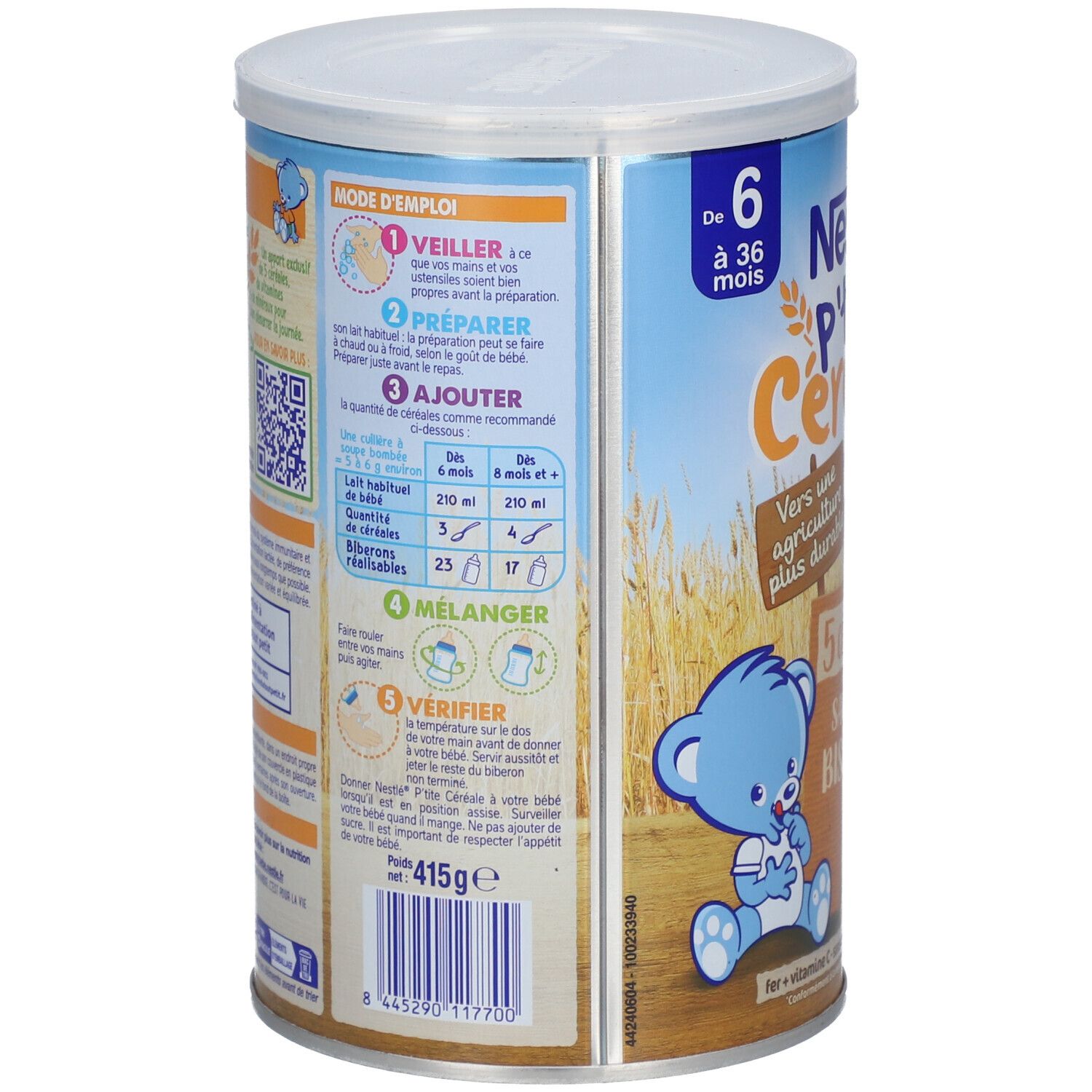 Dos de la boîte Nestlé P'tite Céréale. Instructions de préparation. Pour enfants de 6 à 36 mois. Poids net 415g. Code-barres.