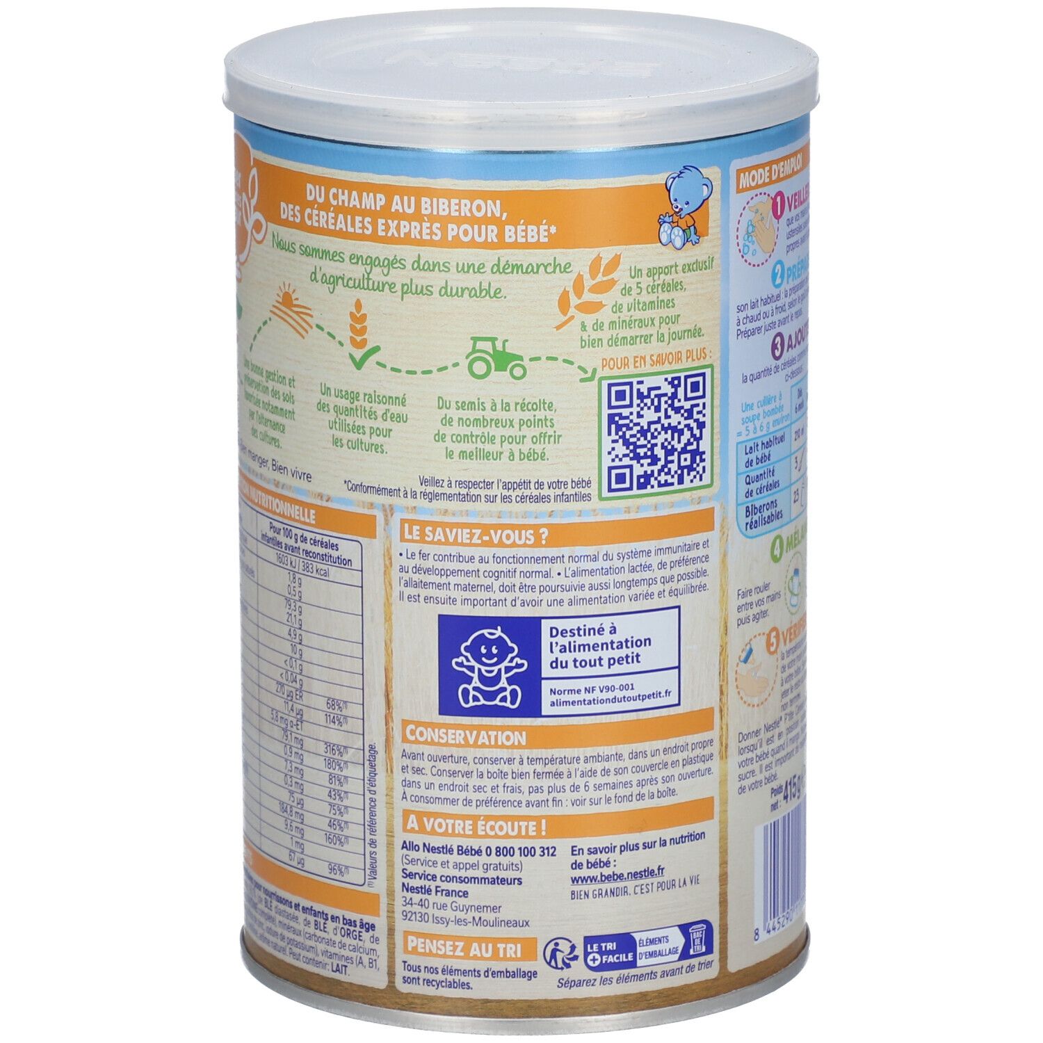 Dos de la boîte Nestlé P'tite Céréale. Informations nutritionnelles. Pour enfants de 6 à 36 mois. Code QR.