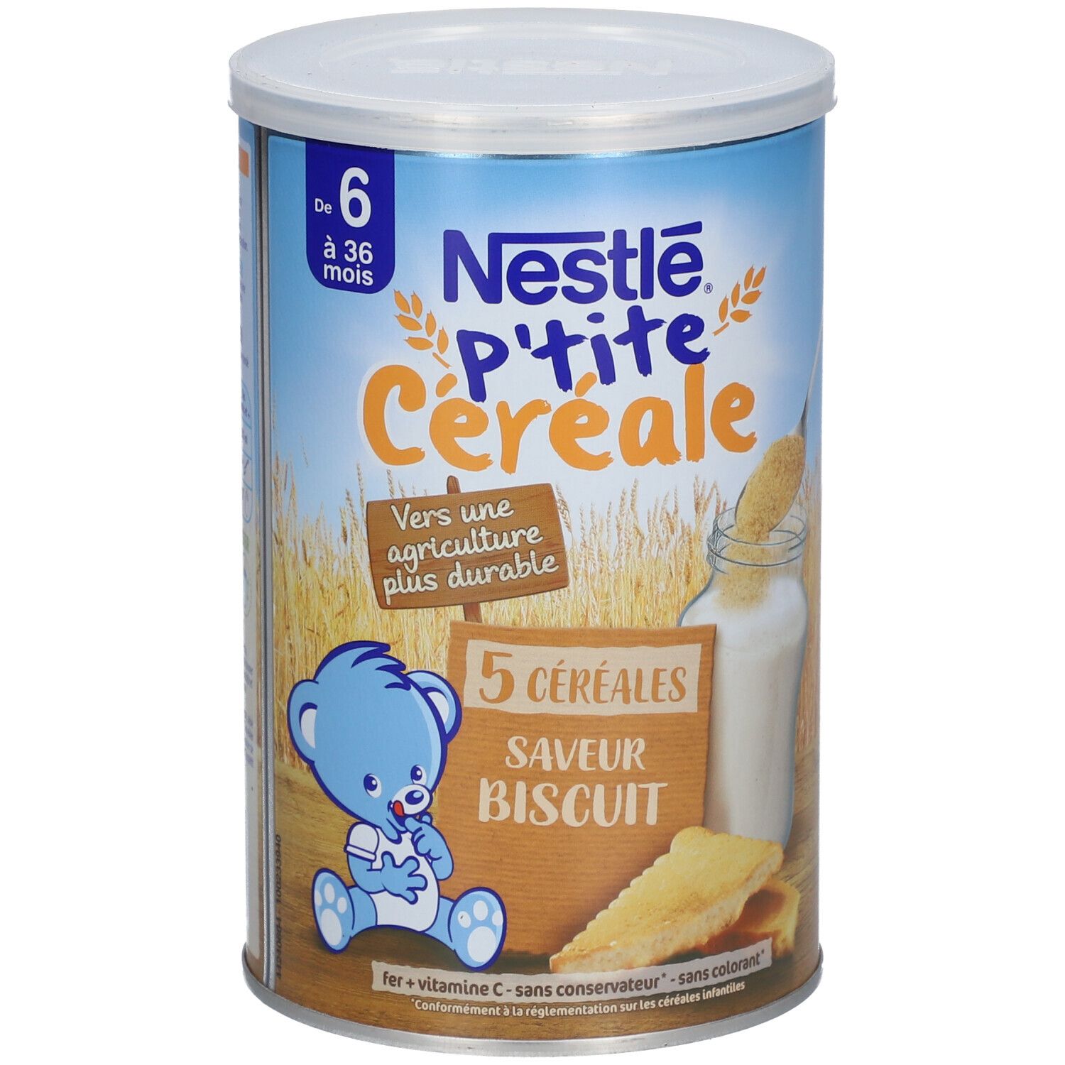 Boîte Nestlé P'tite Céréale. 5 céréales saveur biscuit. Pour enfants de 6 à 36 mois. Illustration d'un ours bleu et d'un biscuit.