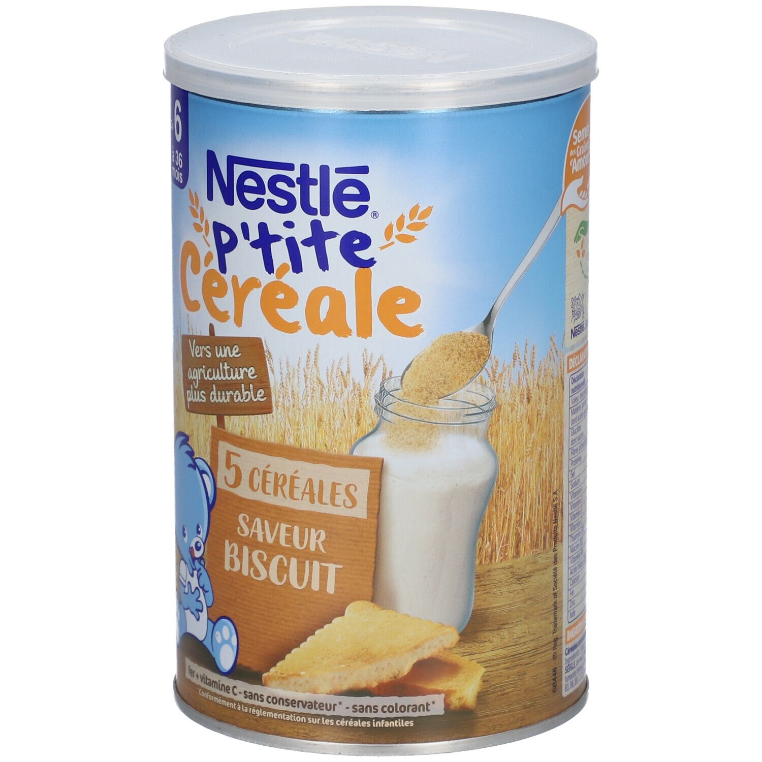 Boîte Nestlé P'tite Céréale. 5 céréales saveur biscuit. Pour enfants de 6 à 36 mois. Illustration d'un ours bleu et d'un biscuit.