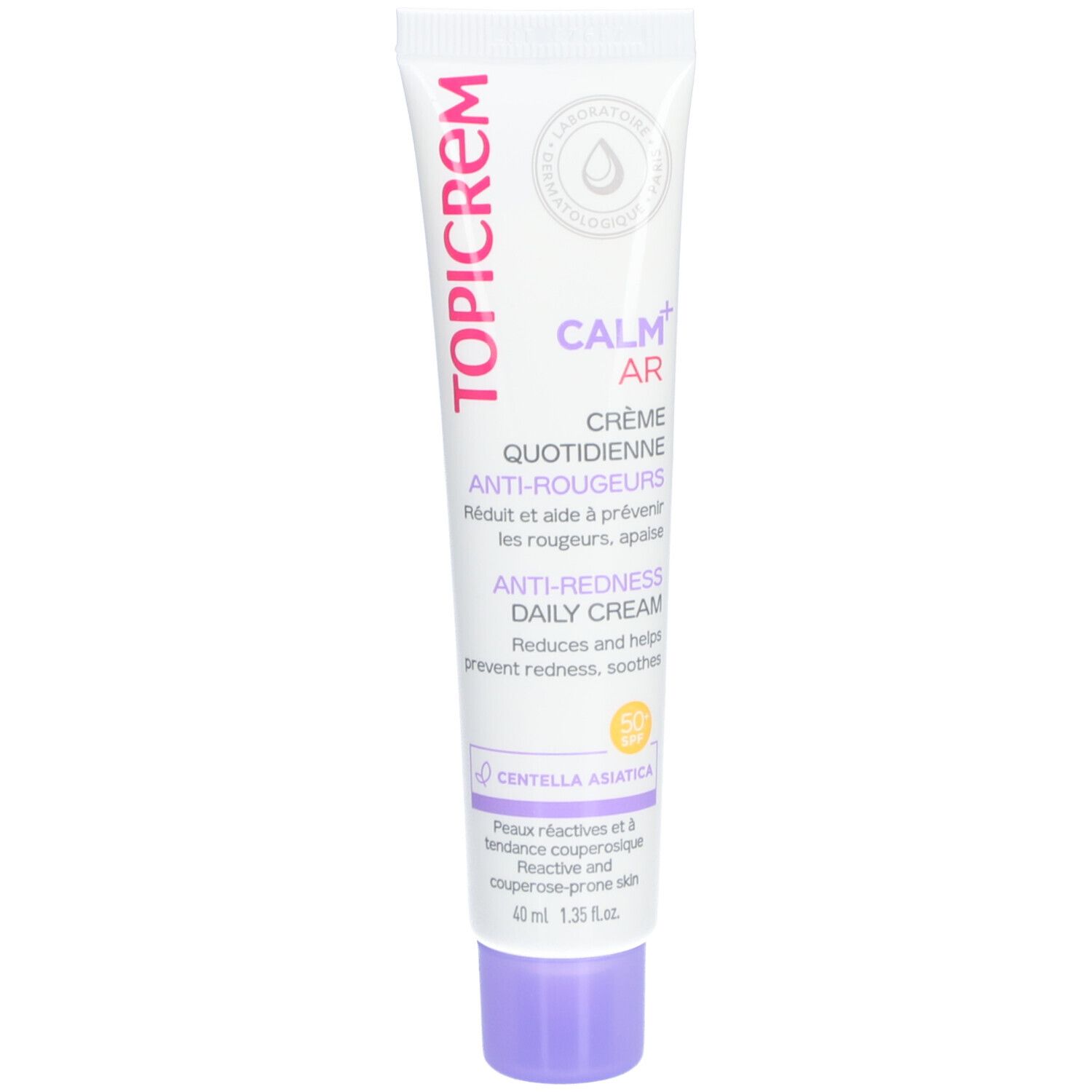 Tube Topicrem Calm+ AR, blanc et bouchon violet. Texte: Crème quotidienne anti-rougeurs, 40ml.
