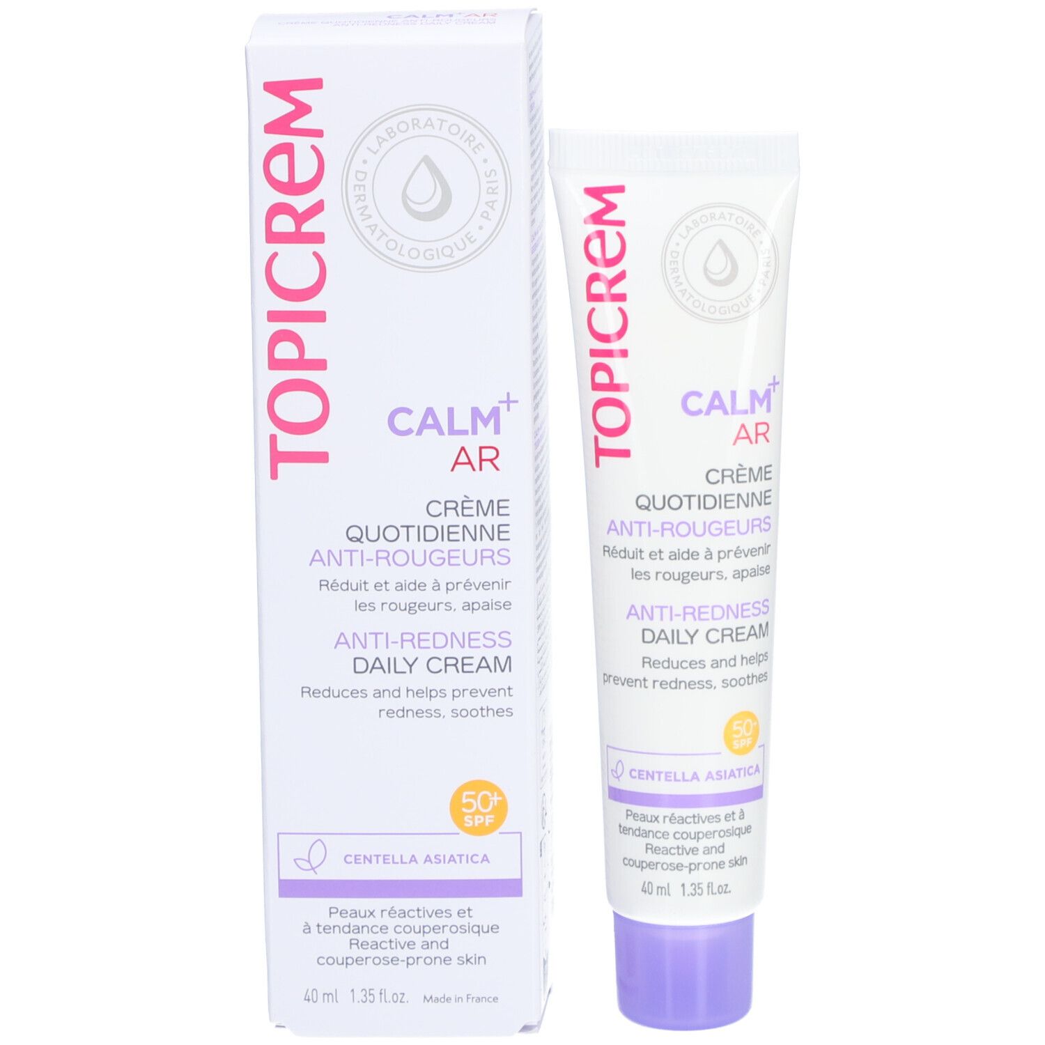 Topicrem Calm+ AR crème et emballage. Blanc, texte. Crème: 40ml. Emballage: 50 SPF.