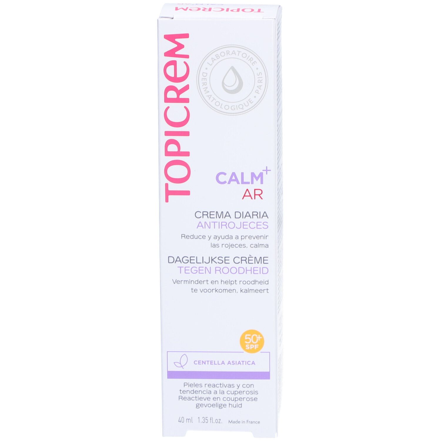 Emballage Topicrem Calm+ AR. Texte: Crème Diaria Antirojeces, 50 SPF. Blanc.