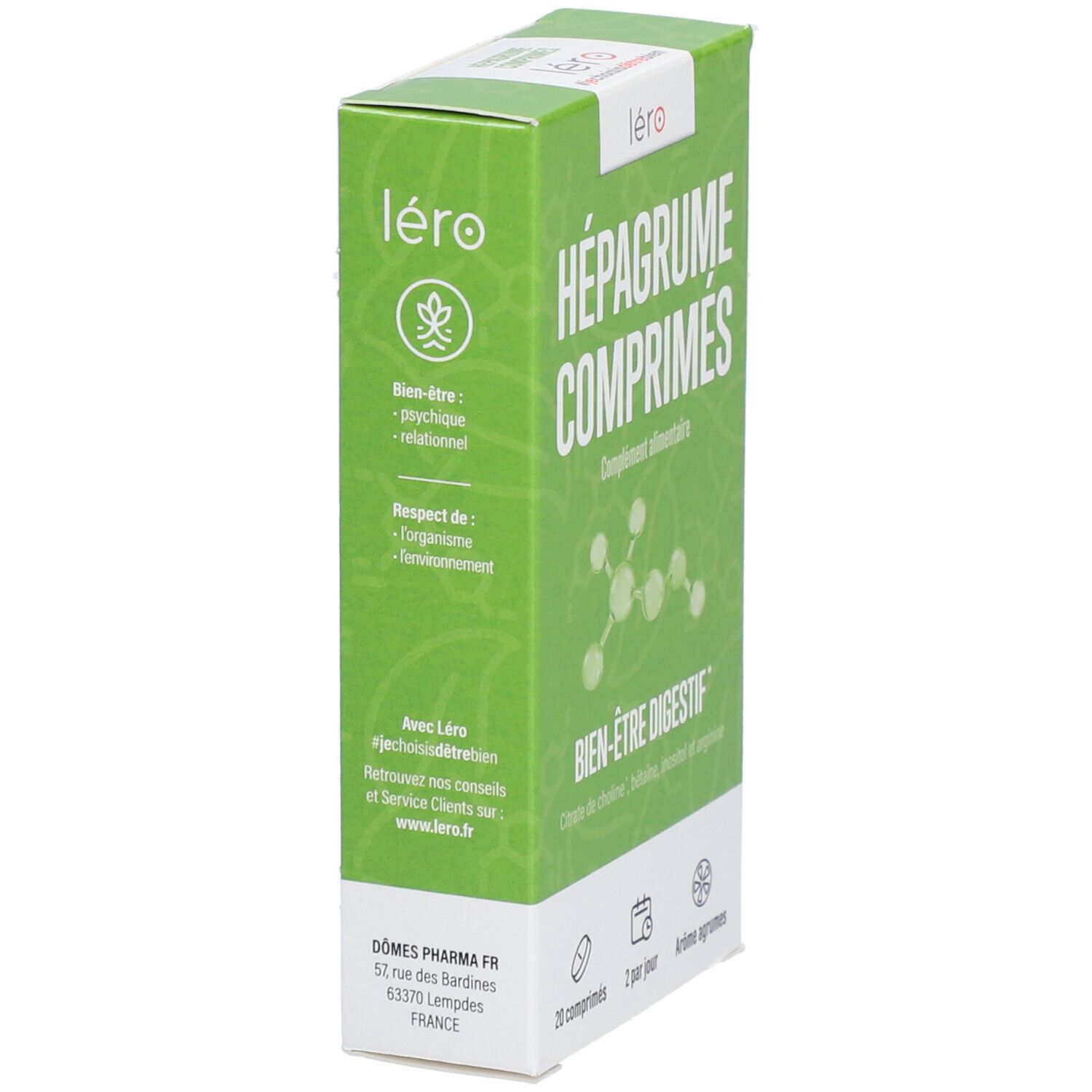Boîte verte avec "HÉPAGRUME COMPRIMÉS" et "Bien-être digestif". Logo Léro. 30 comprimés, 1 par jour, goût agrumes.