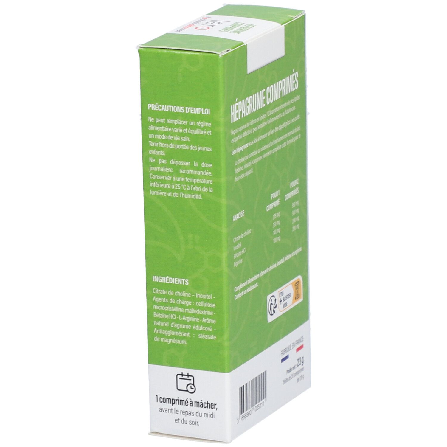 Dos de la boîte verte "HÉPAGRUME COMPRIMÉS". Liste des ingrédients, instructions et informations fabricant.