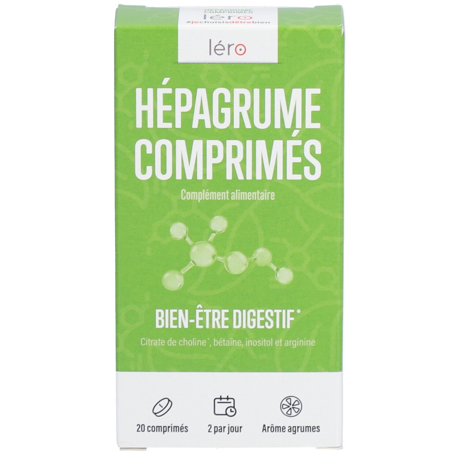 Boîte verte avec "HÉPAGRUME COMPRIMÉS" et "Bien-être digestif". 20 comprimés, 2 par jour, goût agrumes.