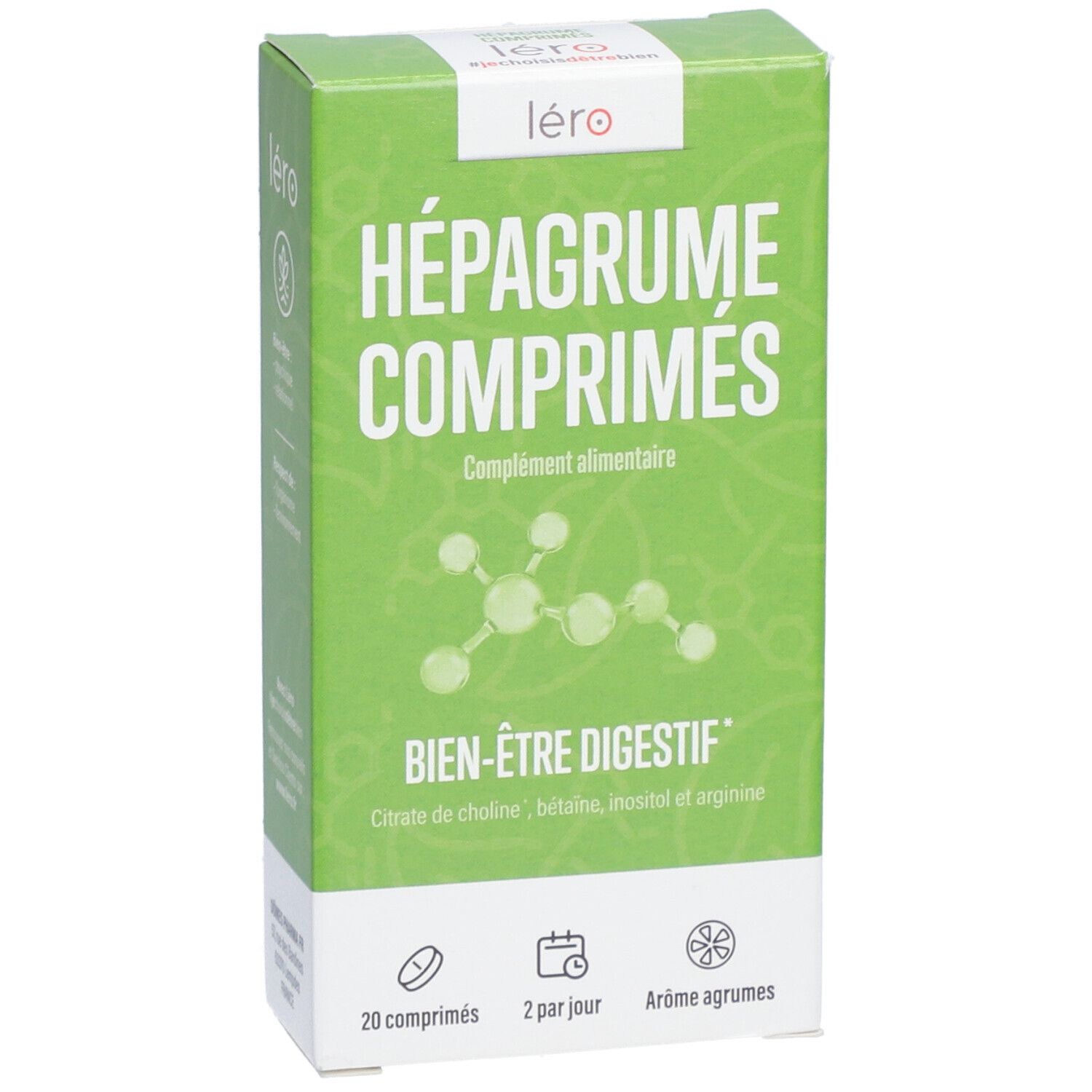 Boîte verte avec "HÉPAGRUME COMPRIMÉS" et "Bien-être digestif". 20 comprimés, 2 par jour, goût agrumes.