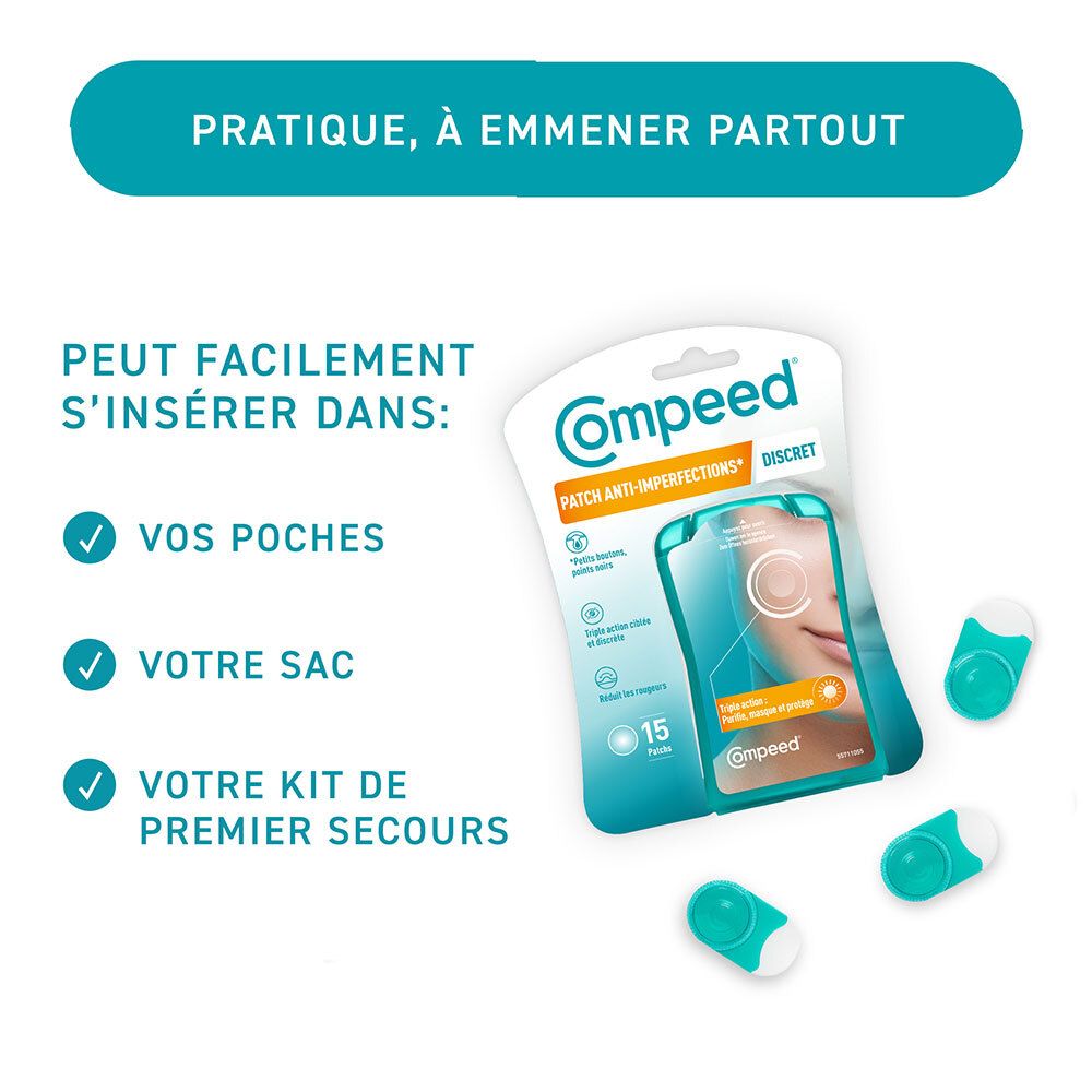 Verpackung Compeed® und einzelne Pflaster. Text: 'Praktisch, überallhin mitzunehmen'. Pflaster in Taschen, Tasche, Erste-Hilfe-Set.
