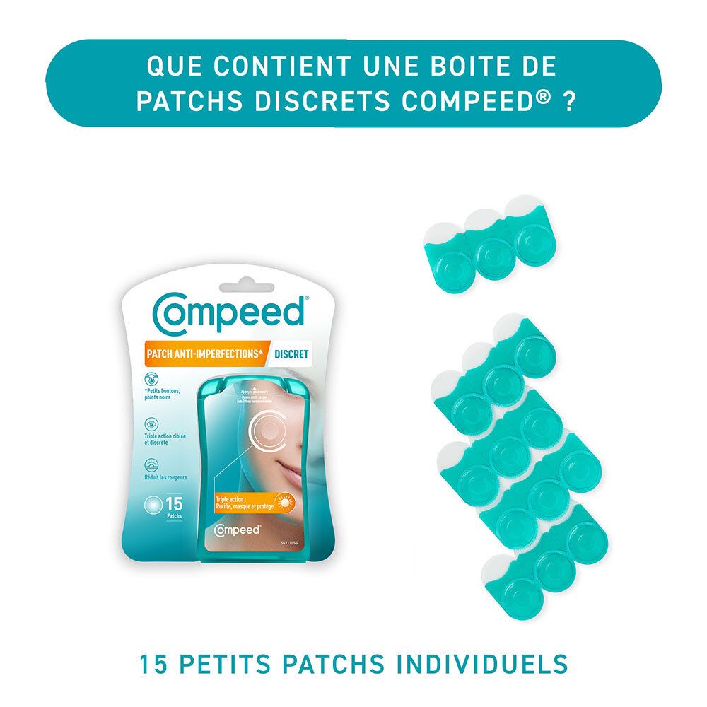 Packung Compeed® mit 15 einzelnen Pflastern. Text: 'Was enthält eine Schachtel diskreter Compeed®-Pflaster?'