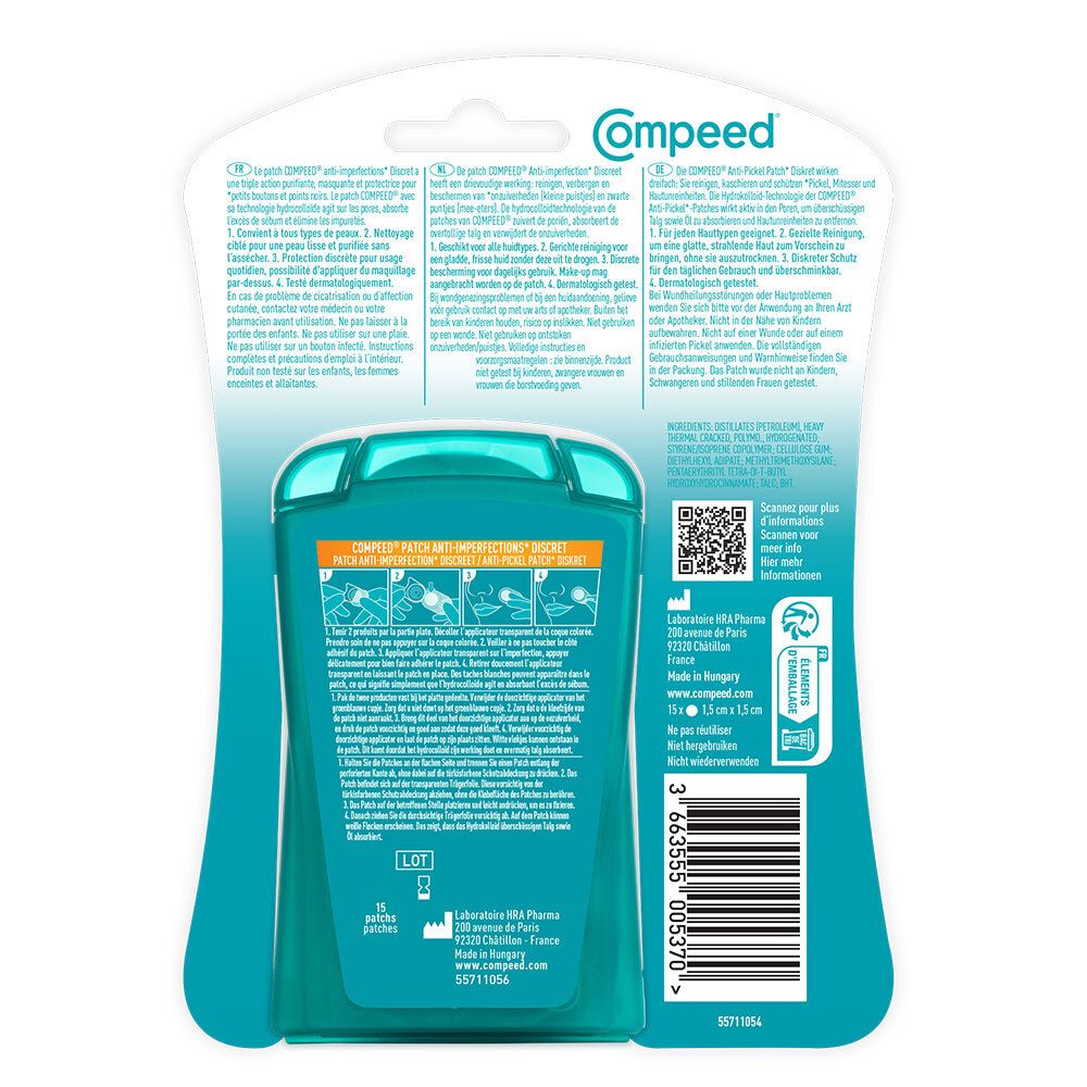 Rückseite der Compeed®-Verpackung. Text und Informationen zur Anwendung, Inhaltsstoffe und Hersteller.